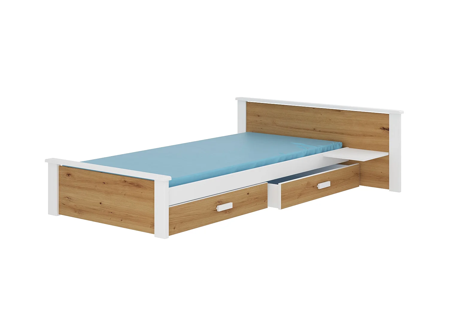 Lit bois pin blanc et bois artisan 90x200 avec 1 chevet et 2 tiroirs de rangement Lydia