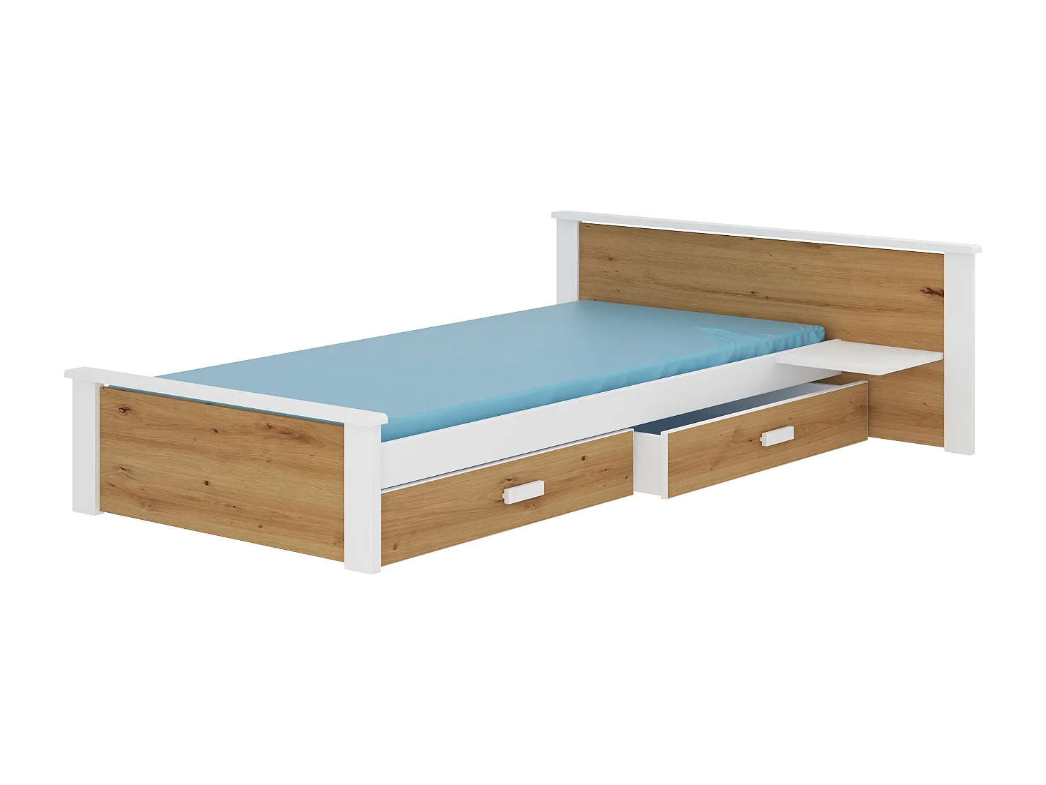 Lit bois pin blanc et bois artisan 90x200 avec 1 chevet et 2 tiroirs de rangement Lydia