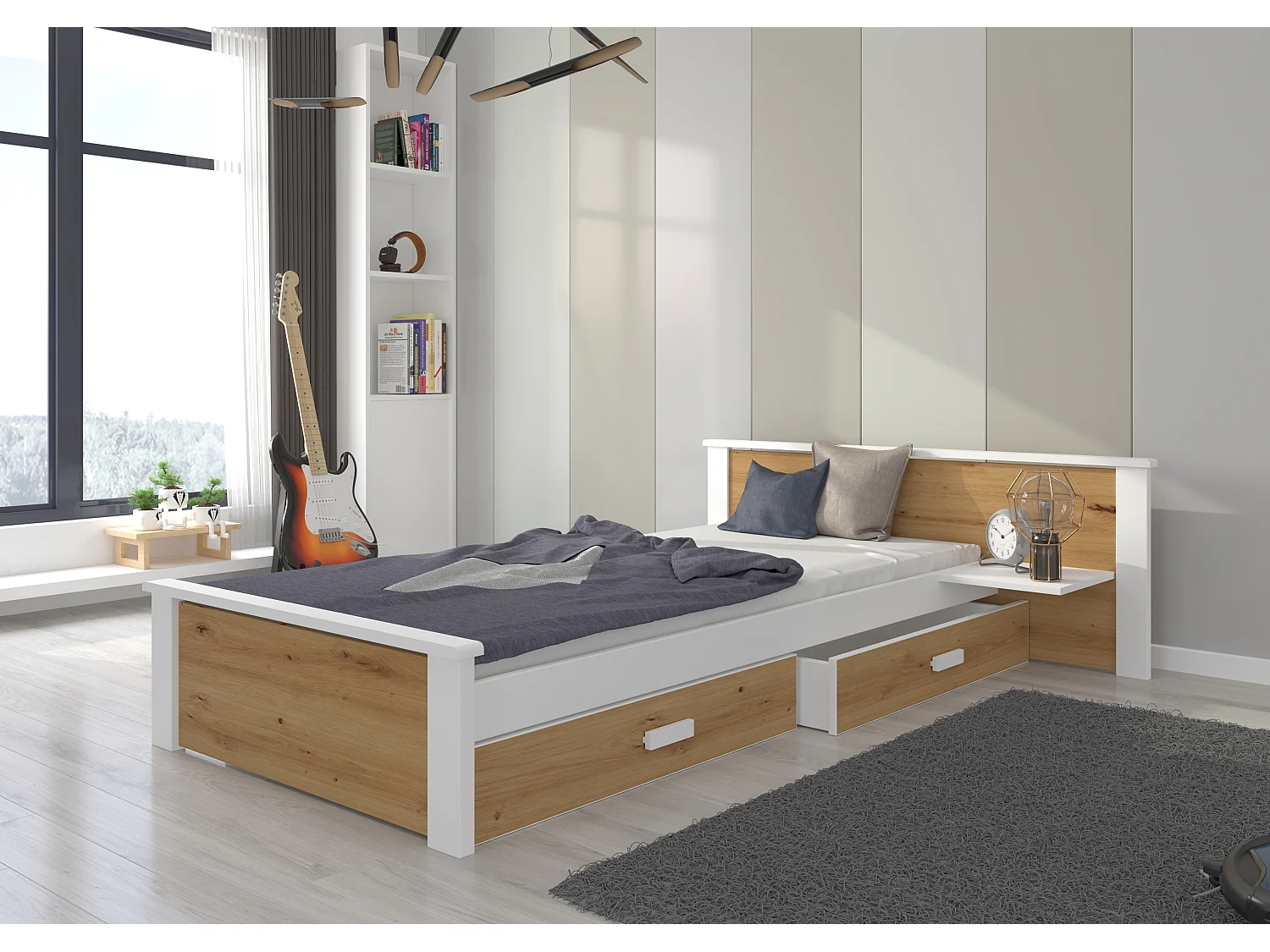 Lit bois pin blanc et bois artisan 90x200 avec 1 chevet et 2 tiroirs de rangement Lydia