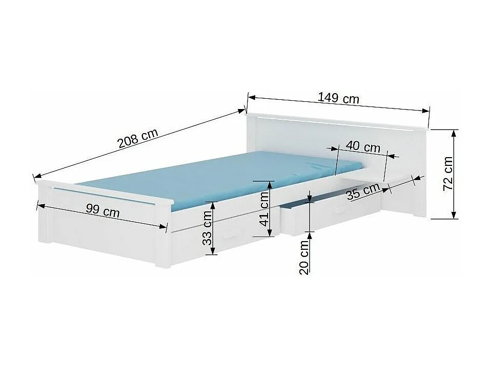 Lit bois pin blanc et bois artisan 90x200 avec 1 chevet et 2 tiroirs de rangement Lydia