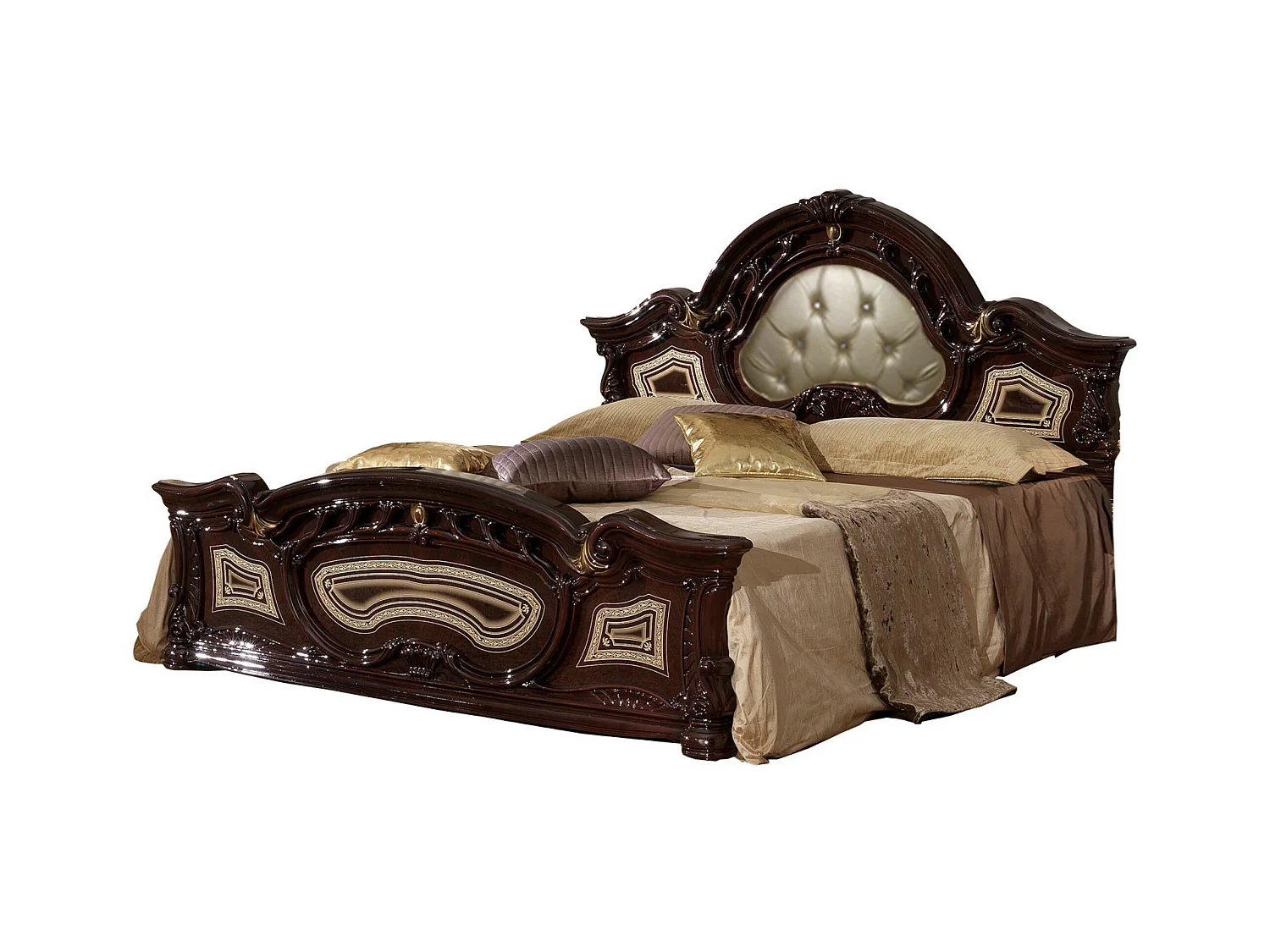 Lit baroque laqué acajou tête de lit capitonnée simili cuir beige Soraya 160x200