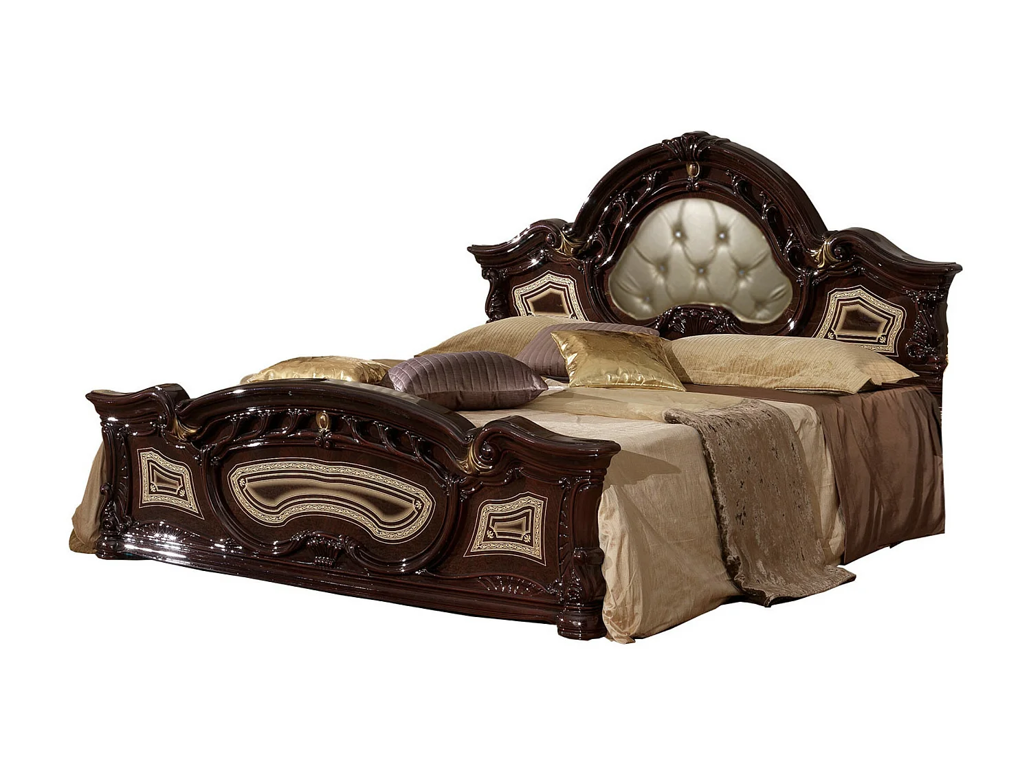 Lit baroque laqué acajou tête de lit capitonnée simili cuir beige Soraya 160x200