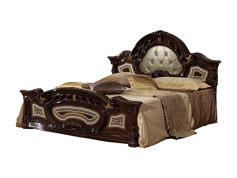 Barok gelakt mahonie bed met gevoerd hoofdeinde in beige kunstleer Soraya 160x200 cm