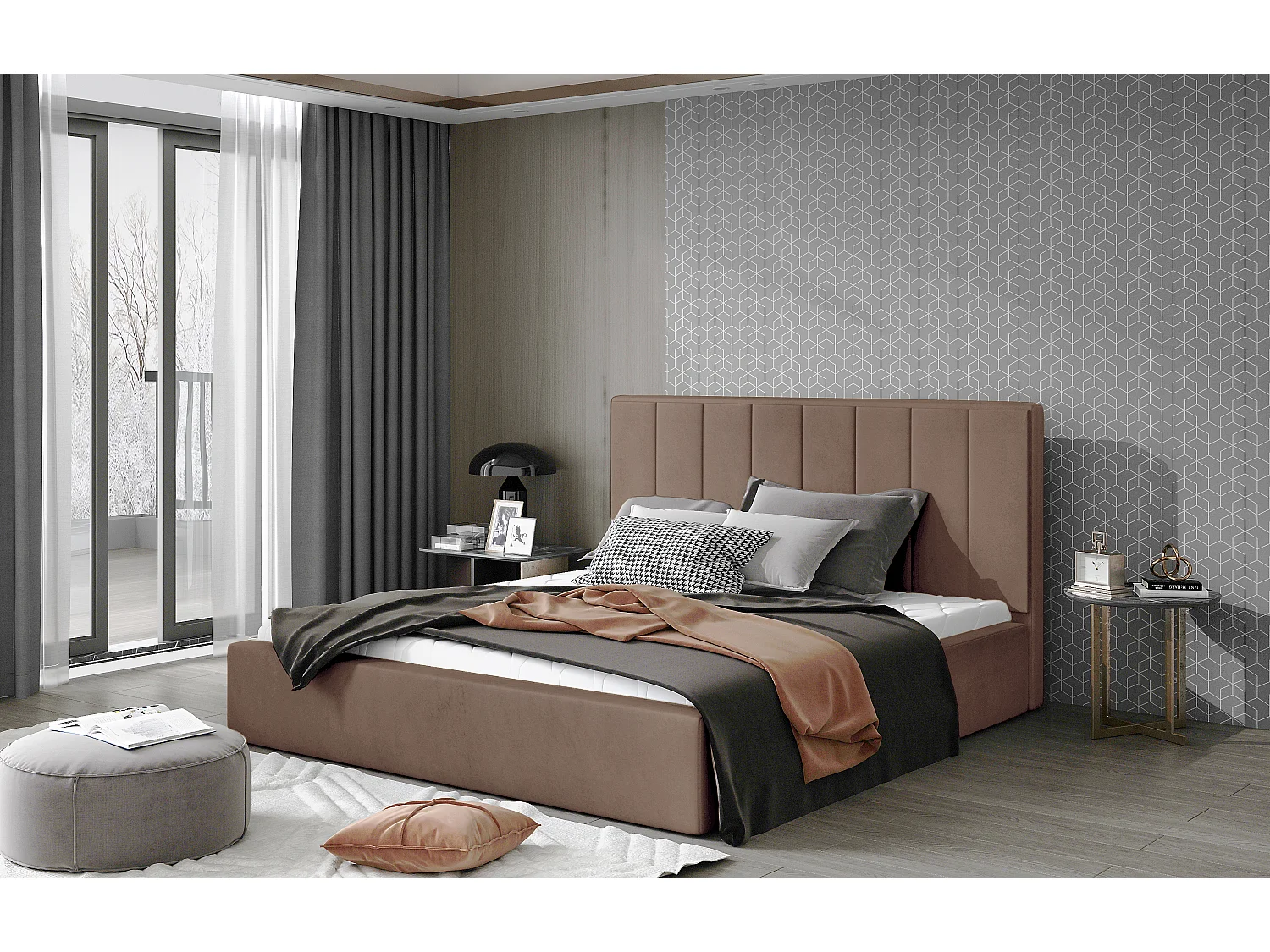 Lit rembourré de luxe velours Vareze-Couleur Marron clair-160x200-Version avec sommier