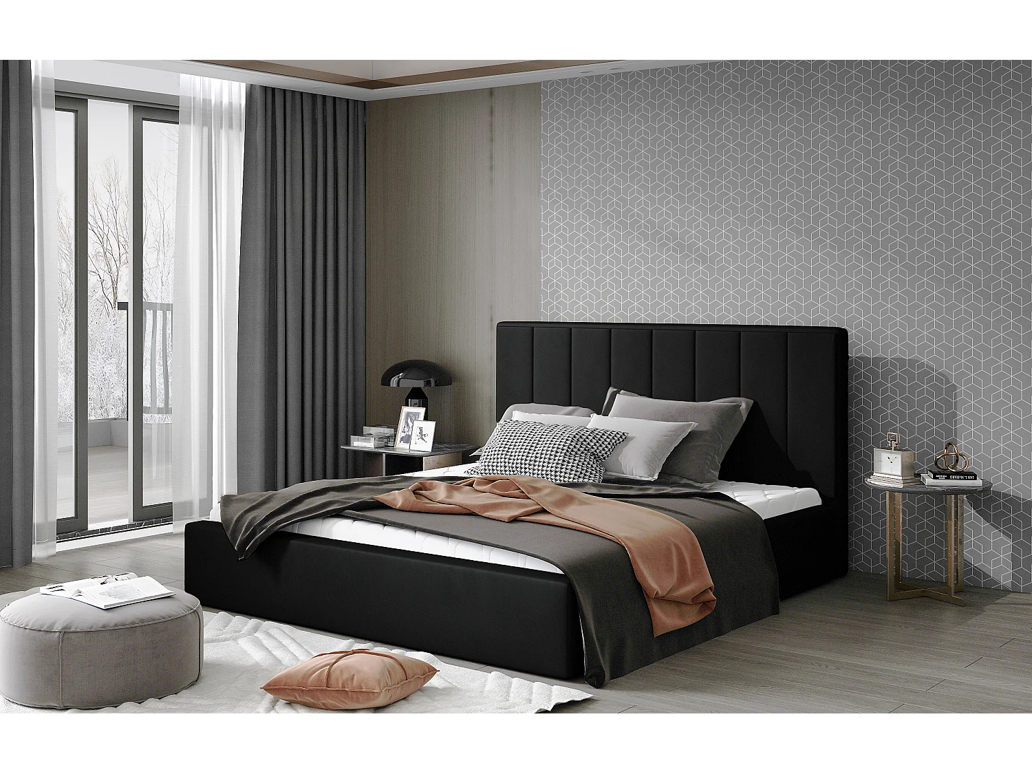 Lit rembourré de luxe velours Vareze-Couleur Marron clair-160x200-Version avec sommier