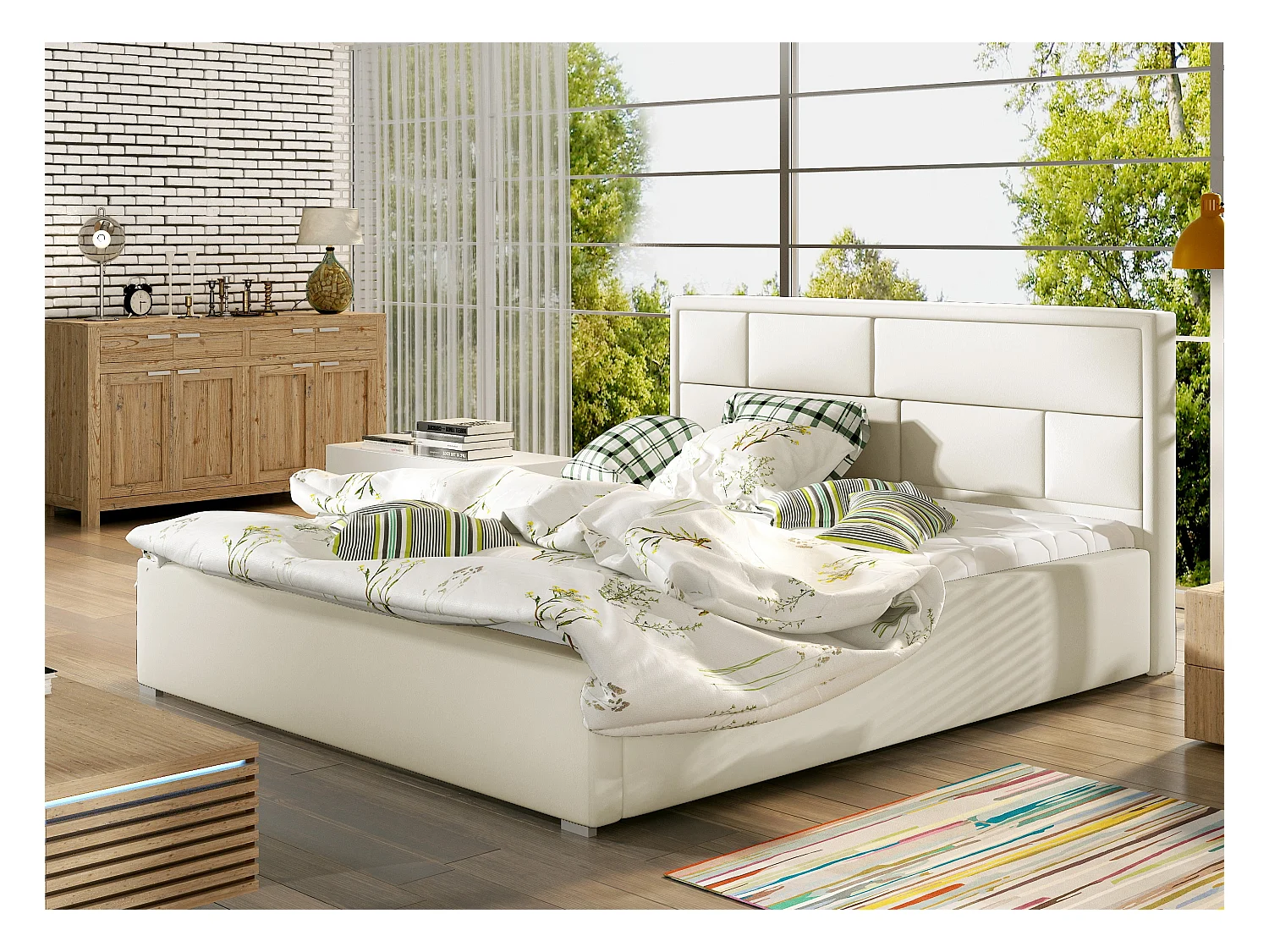 Lit double simili cuir beige clair tête de lit capitonnée Lenzo - 4 tailles-200x200