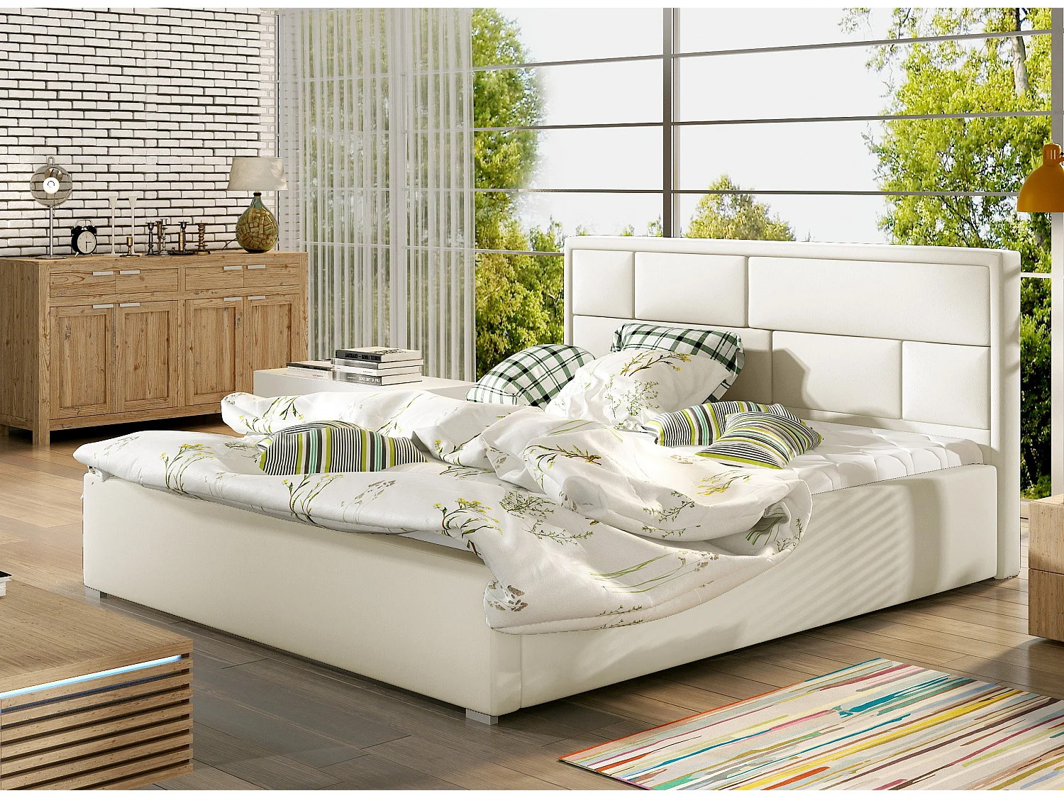 Lit double simili cuir beige clair tête de lit capitonnée Lenzo - 4 tailles-200x200