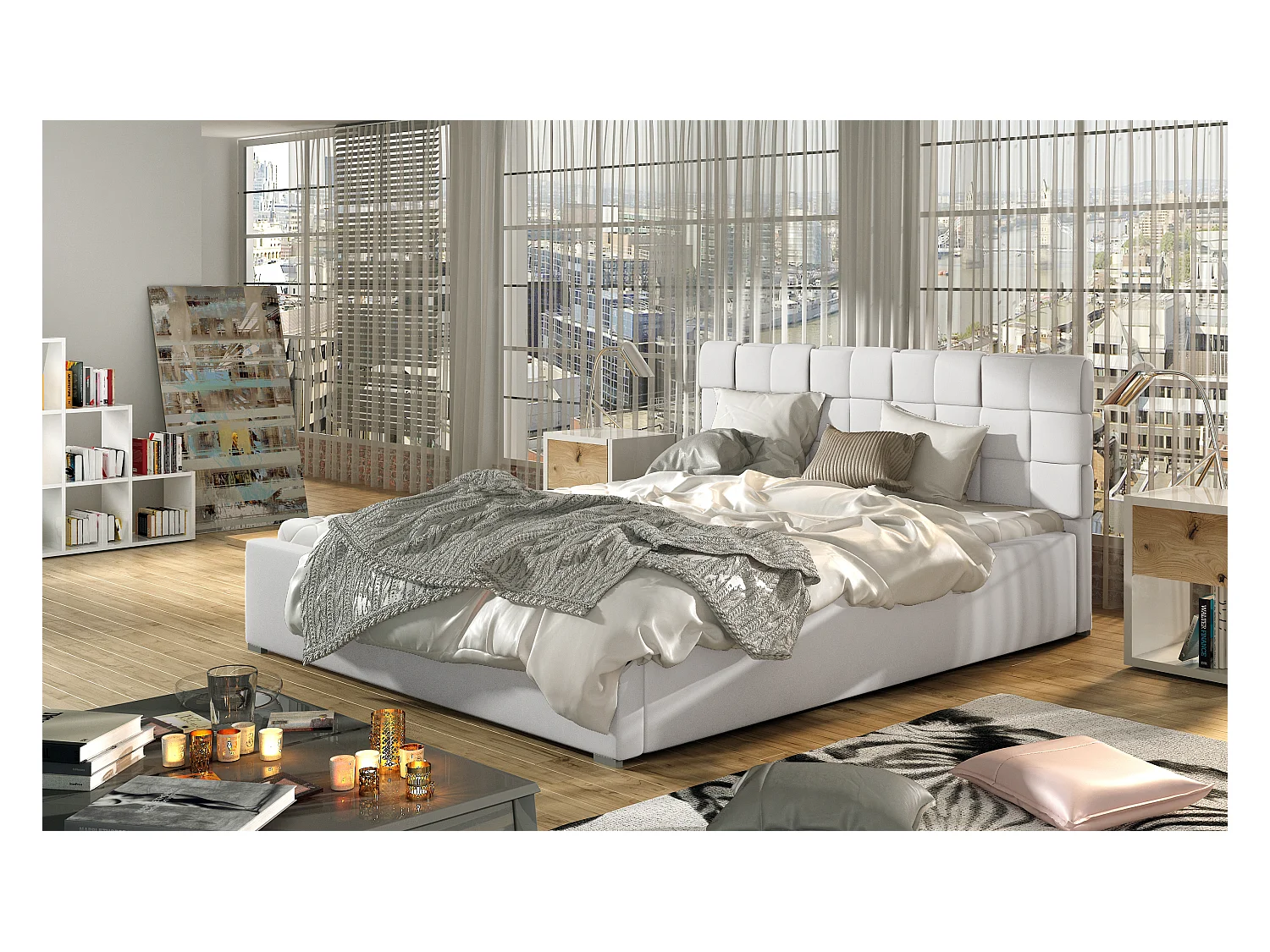 Lit moderne 200x200 capitonné simili cuir blanc Kandy