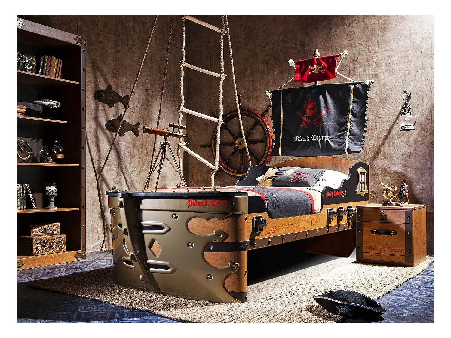 Lit bateau enfant Pirate bois clair 90x190