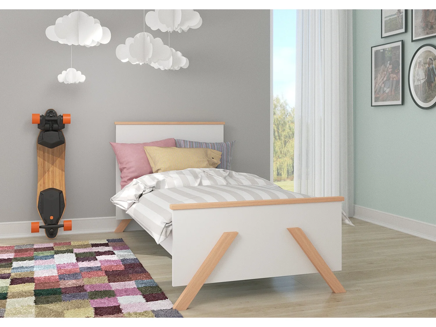 Lit enfant bois pin naturel et blanc 90x200 avec 2 tiroirs de rangement Kandou