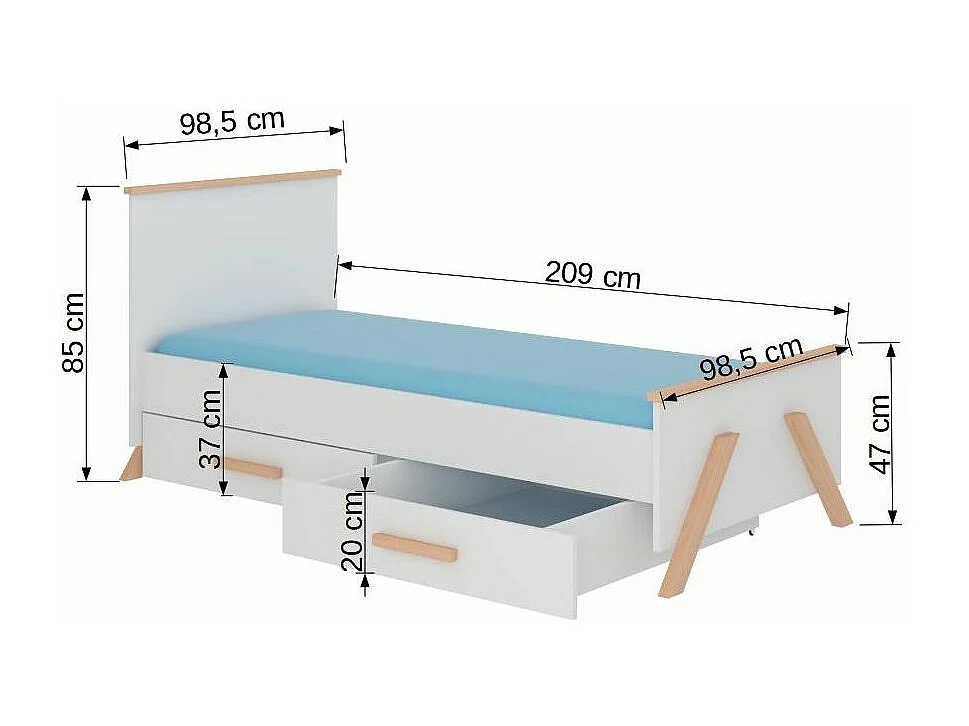 Lit enfant bois pin naturel et blanc 90x200 avec 2 tiroirs de rangement Kandou