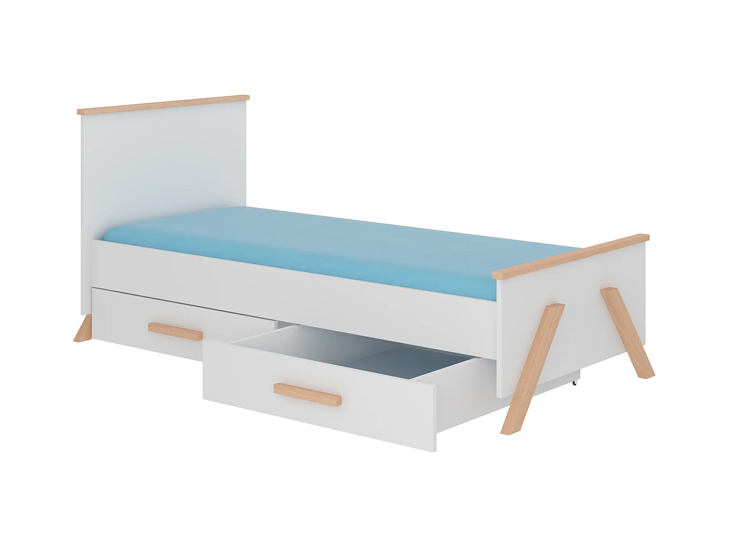 Lit enfant bois pin naturel et blanc 90x200 avec 2 tiroirs de rangement Kandou