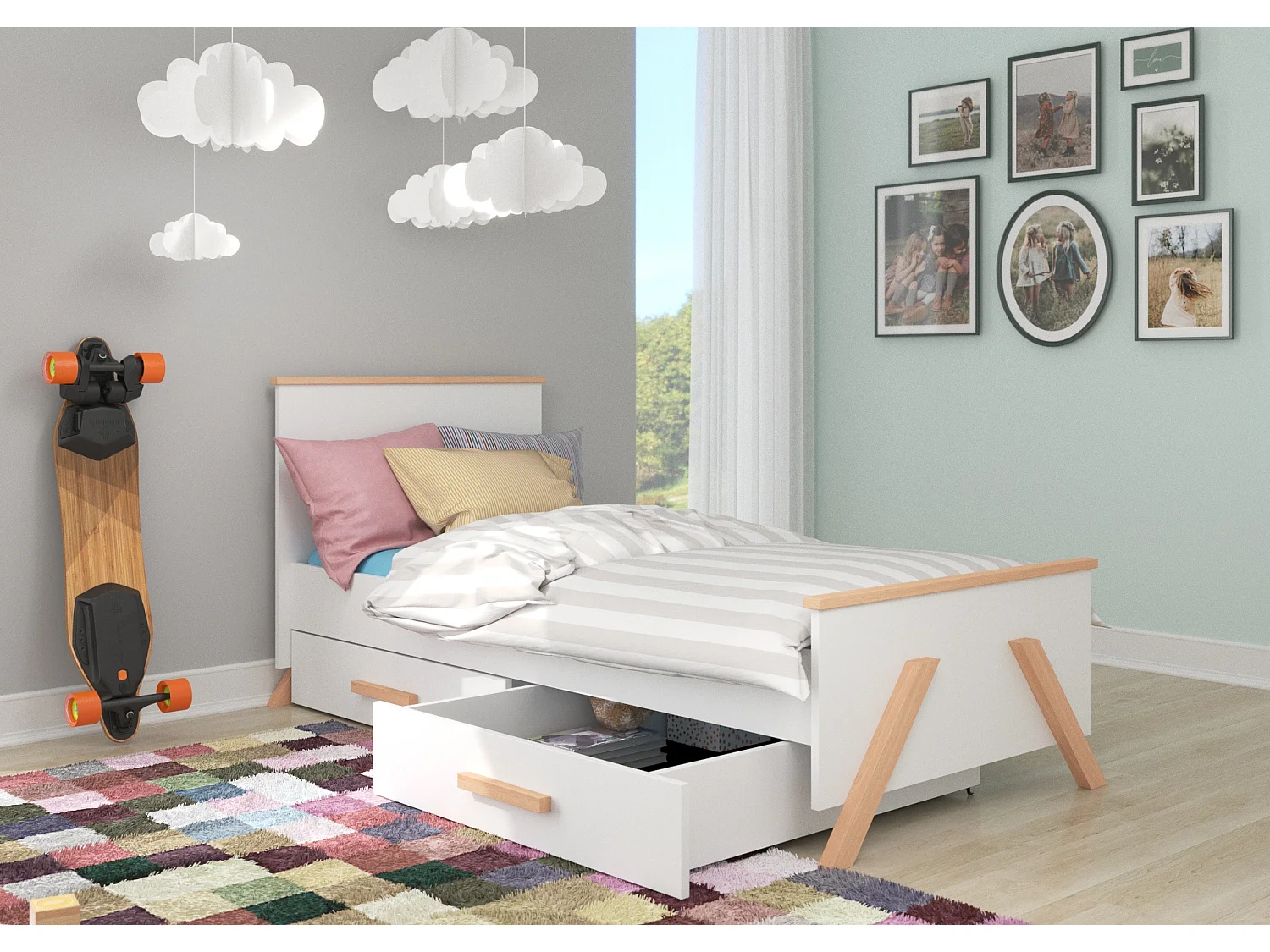 Lit enfant bois pin naturel et blanc 90x200 avec 2 tiroirs de rangement Kandou