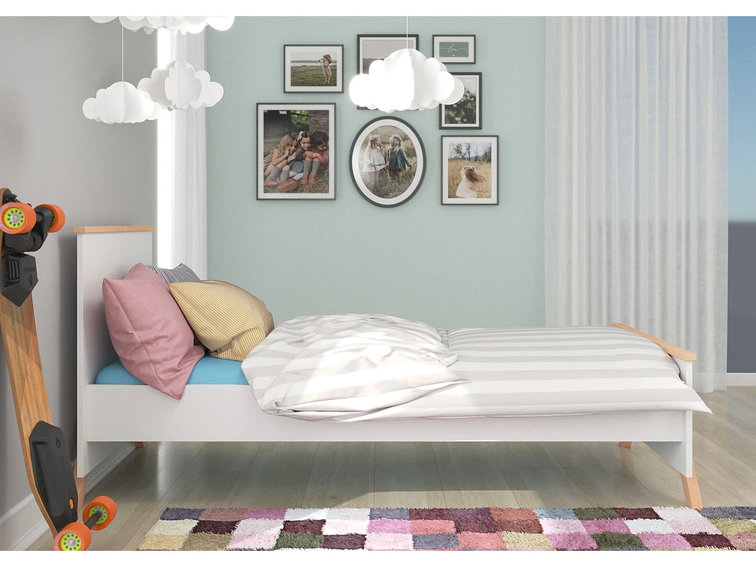 Lit enfant bois pin naturel et blanc 90x200 avec 2 tiroirs de rangement Kandou