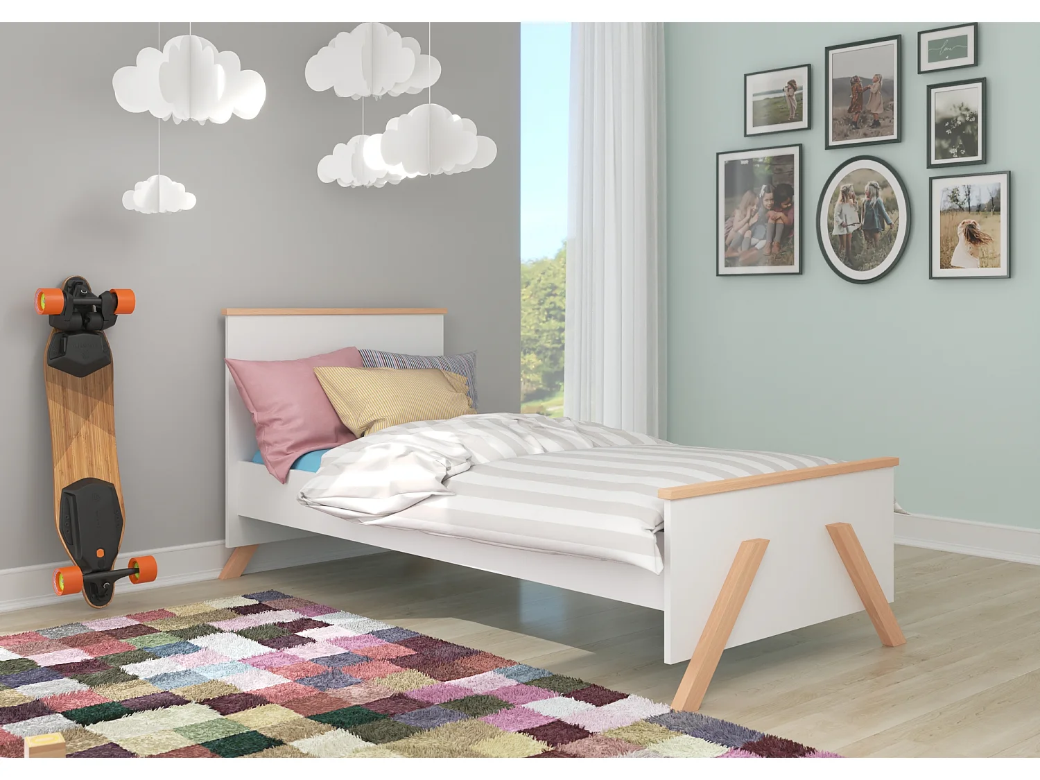 Lit enfant bois pin naturel et blanc 90x200 avec 2 tiroirs de rangement Kandou