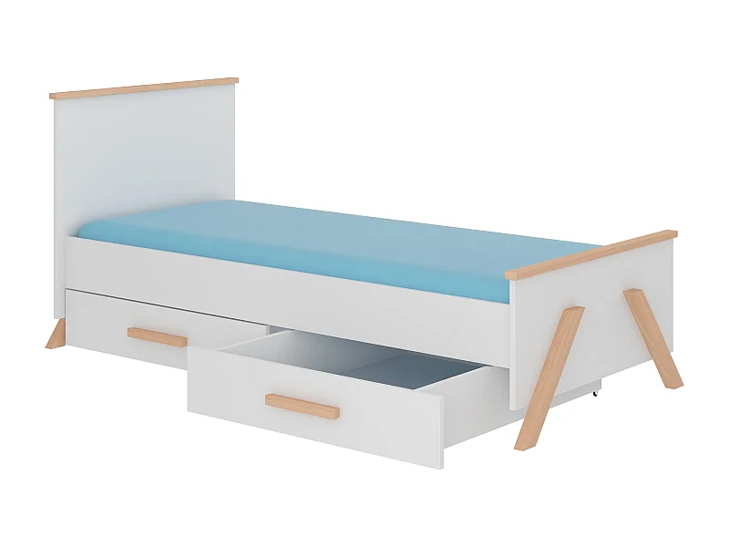 Lit enfant bois pin naturel et blanc 90x200 avec 2 tiroirs de rangement Kandou