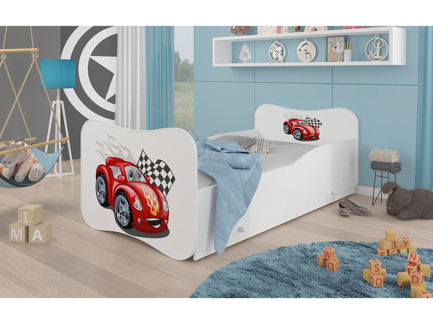 Lit enfant bois blanc à tiroirs avec imprimé voiture Cars 70x140 ou 80x160 - Sommier et matelas inclus - Ondula-80x160