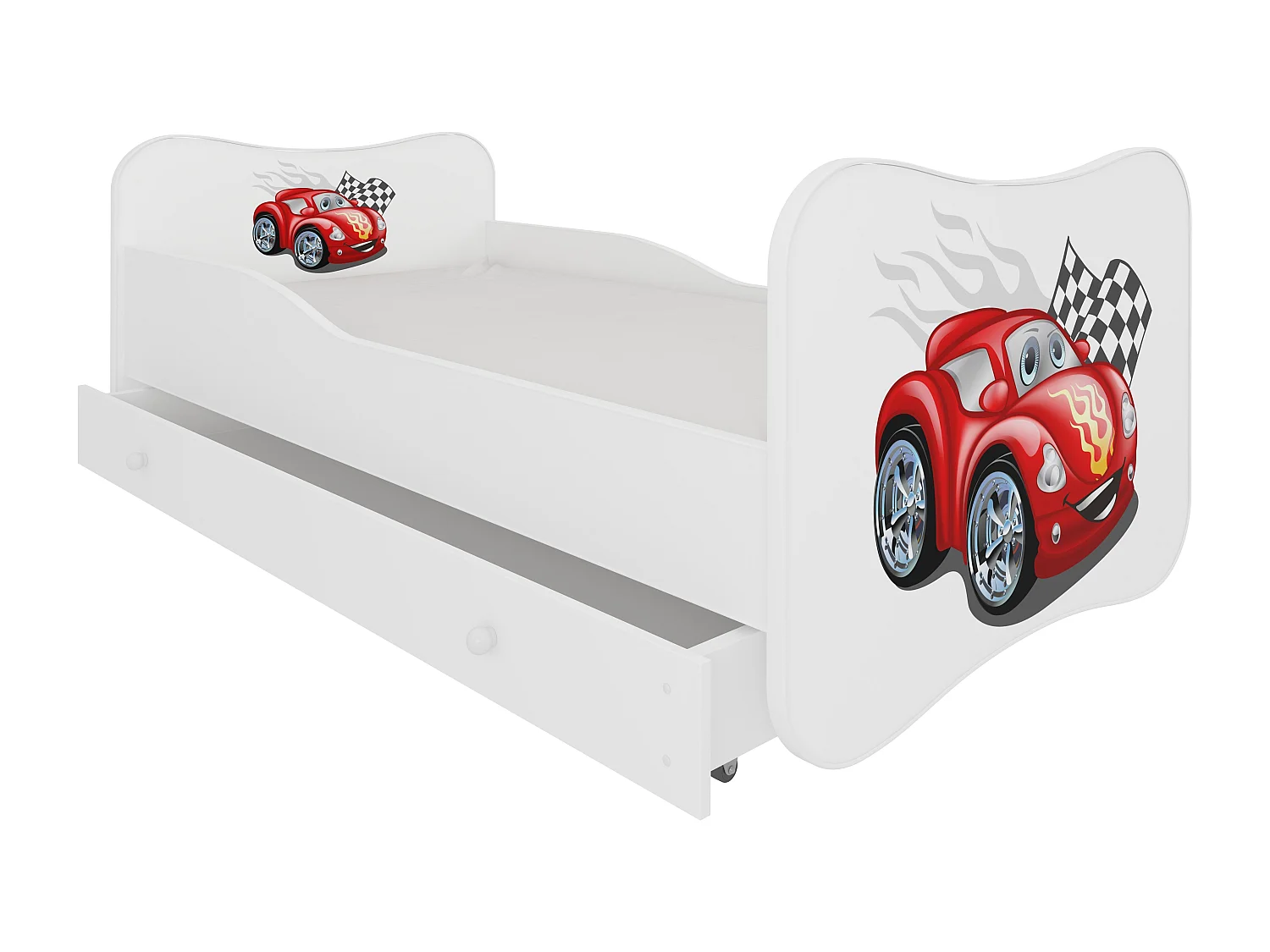 Lit enfant bois blanc à tiroirs avec imprimé voiture Cars 70x140 ou 80x160 - Sommier et matelas inclus - Ondula-80x160