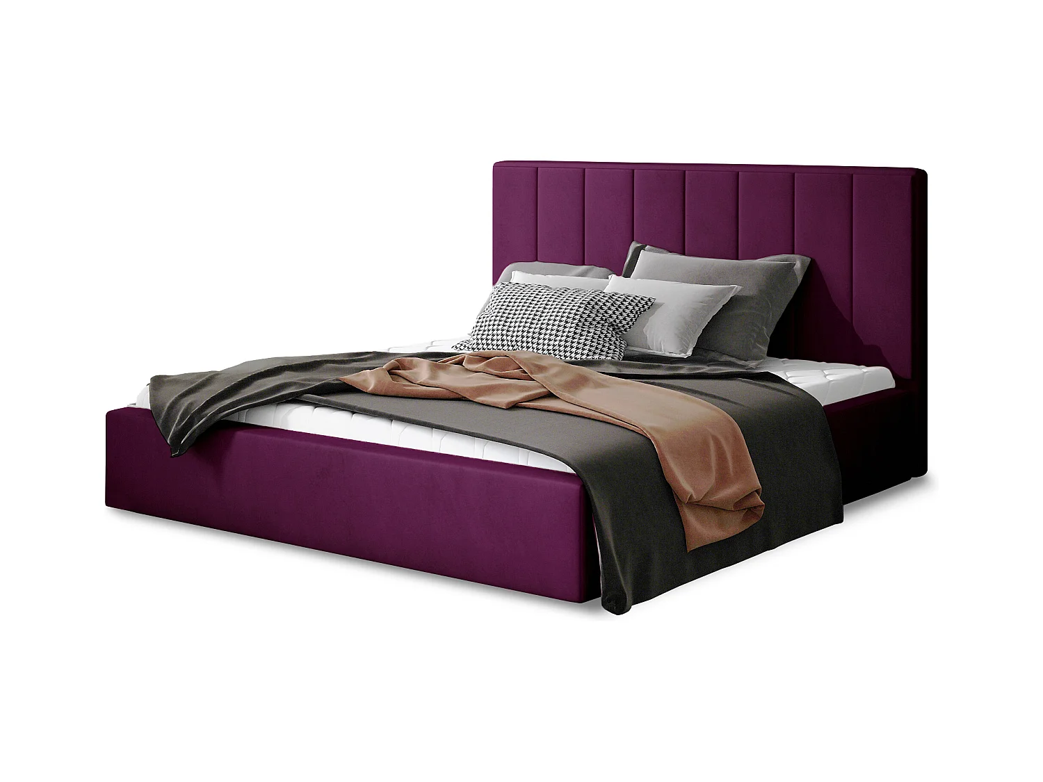 Lit rembourré de luxe velours Vareze-Couleur Magenta foncé-140x200-Version avec sommier