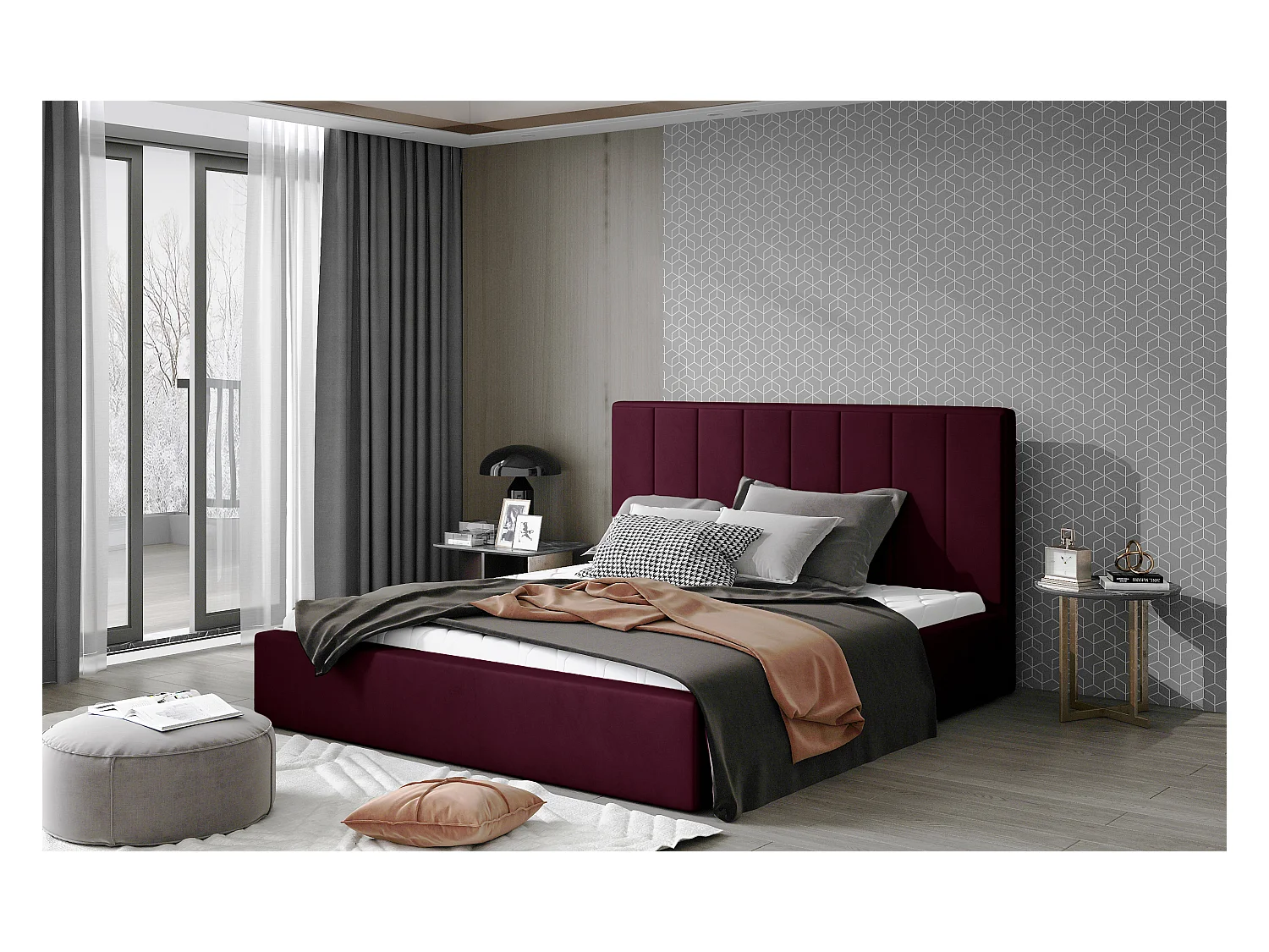 Lit rembourré de luxe velours Vareze-Couleur Magenta foncé-140x200-Version avec sommier