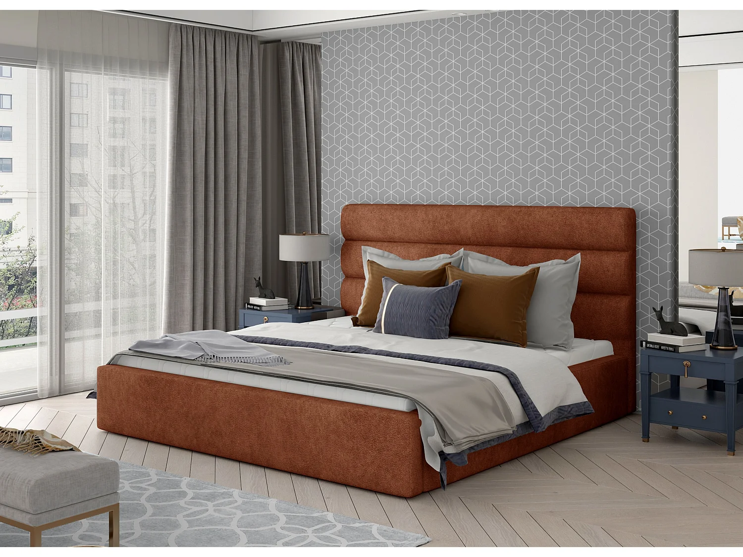 Lit design tissu rouge brique Klarina - 4 tailles-160x200