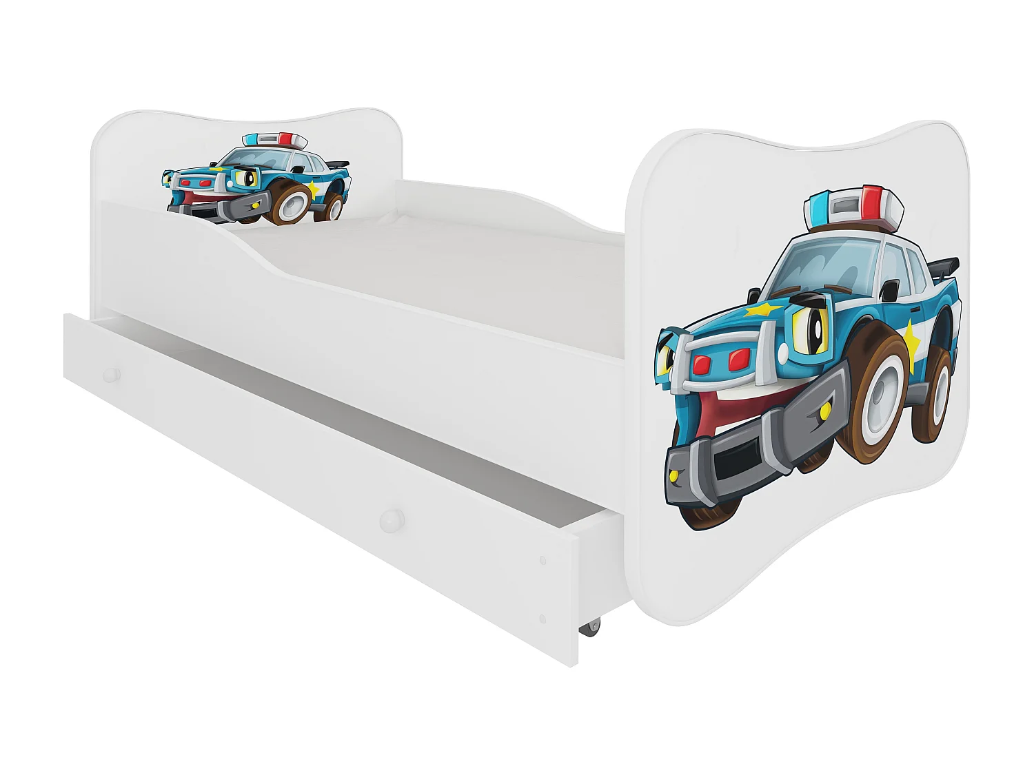 Lit enfant bois blanc à tiroirs avec imprimé voiture de police - Sommier et matelas inclus - Ondula-70x140