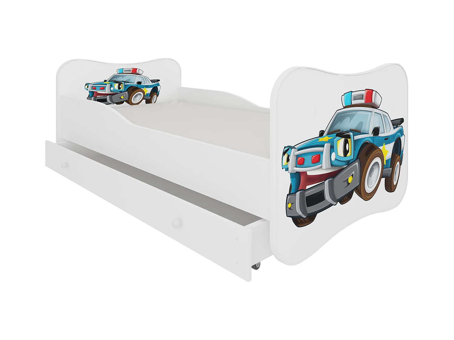 Wit houten kinderbed met lades met politieauto print 70x140 of 80x160 cm - Inclusief boxspring en matras - Ondula-Slapen 70x140cm