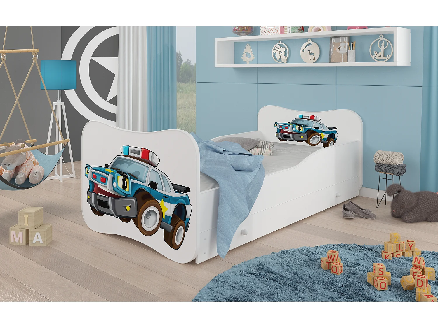 Lit enfant bois blanc à tiroirs avec imprimé voiture de police - Sommier et matelas inclus - Ondula-70x140