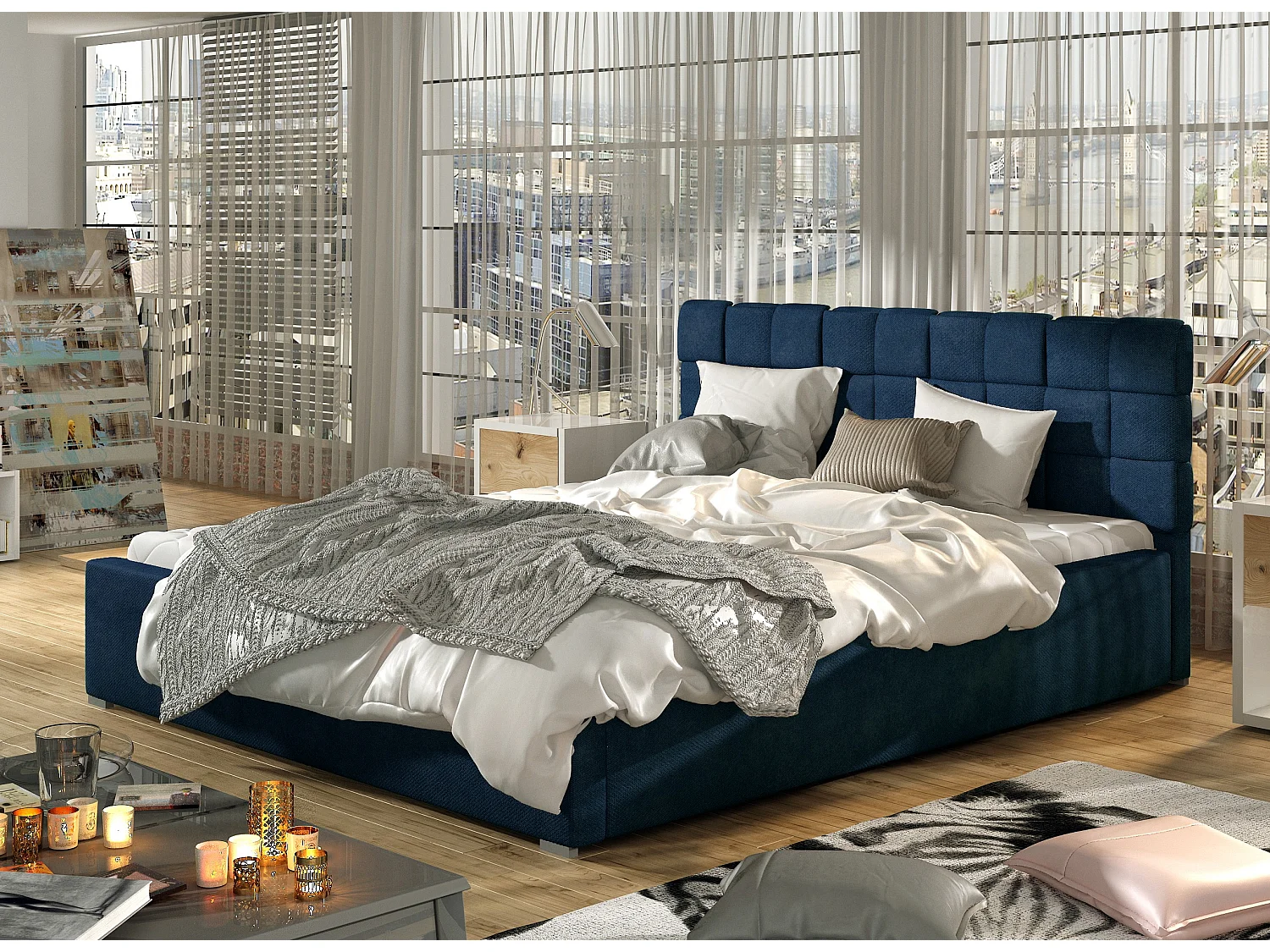 Lit moderne 160x200 capitonné velours bleu Kandy