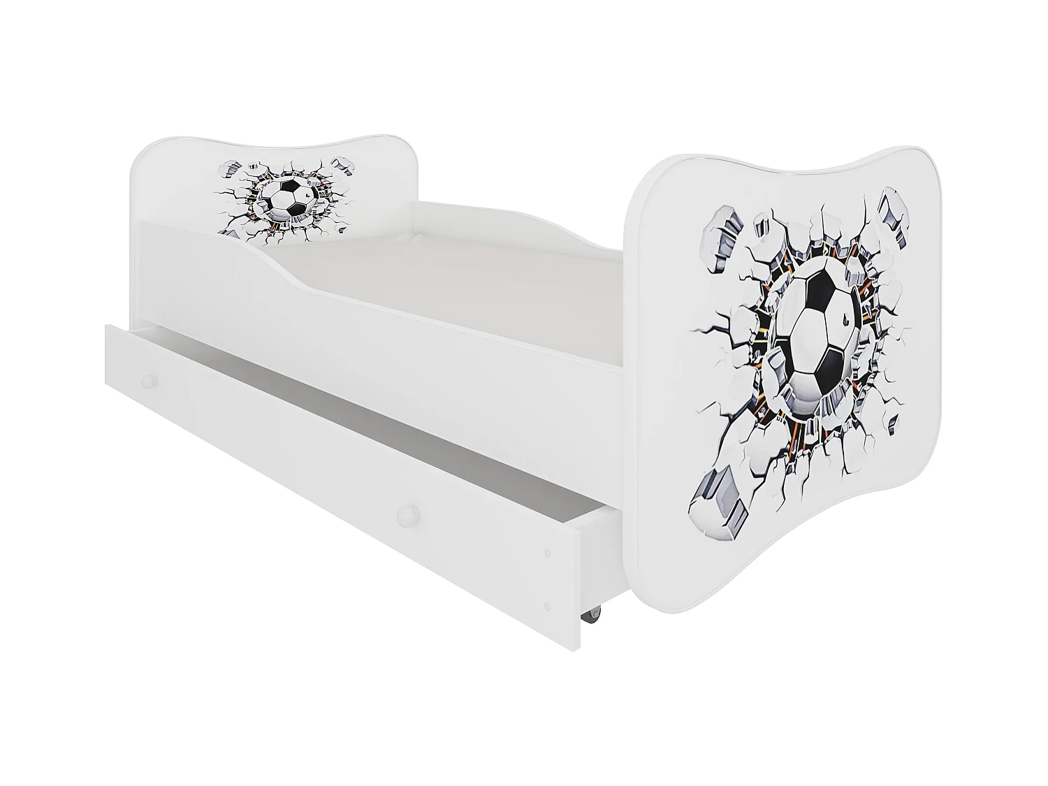 Lit enfant bois blanc à tiroirs avec imprimé ballon de football - Sommier et matelas inclus - Ondula-80x160