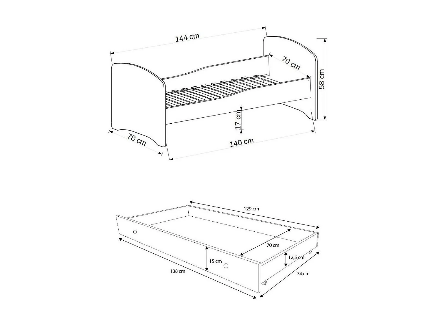 Lit enfant bois blanc à tiroirs avec imprimé ballon de football - Sommier et matelas inclus - Ondula-80x160