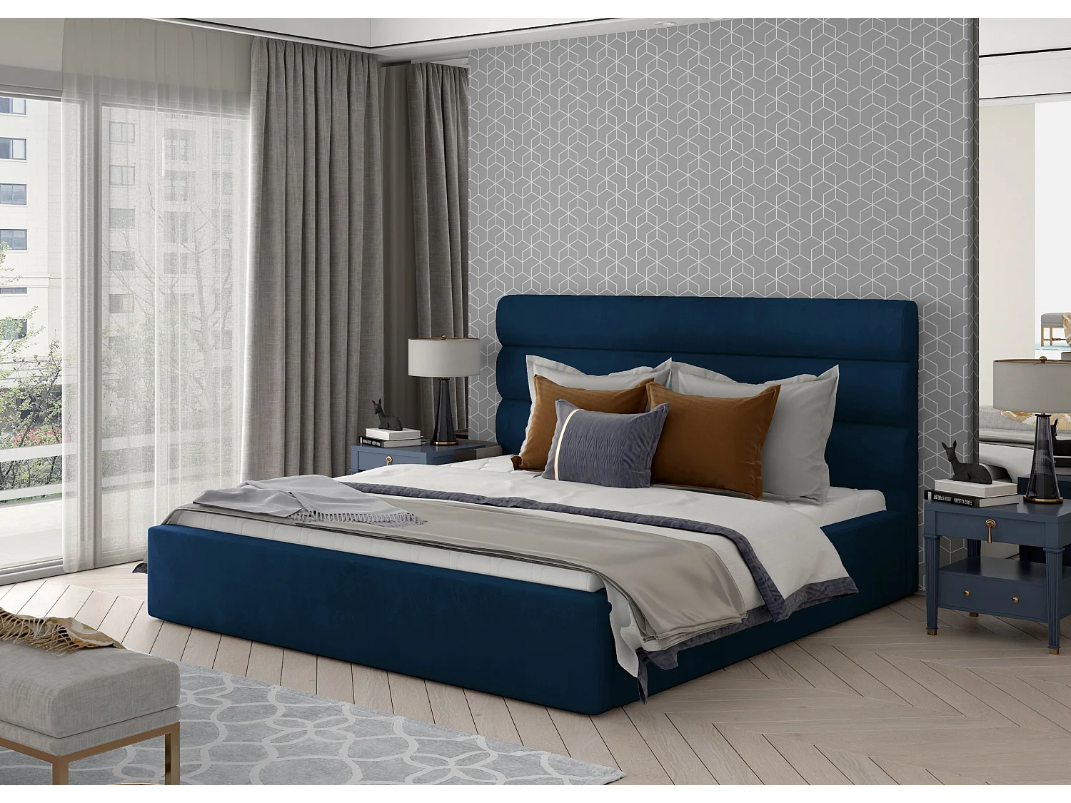 Tweepersoonsbed met Klarina boxspring - Gestoffeerd fluweel-Kleur Donkerblauw-Slapen 180x200cm