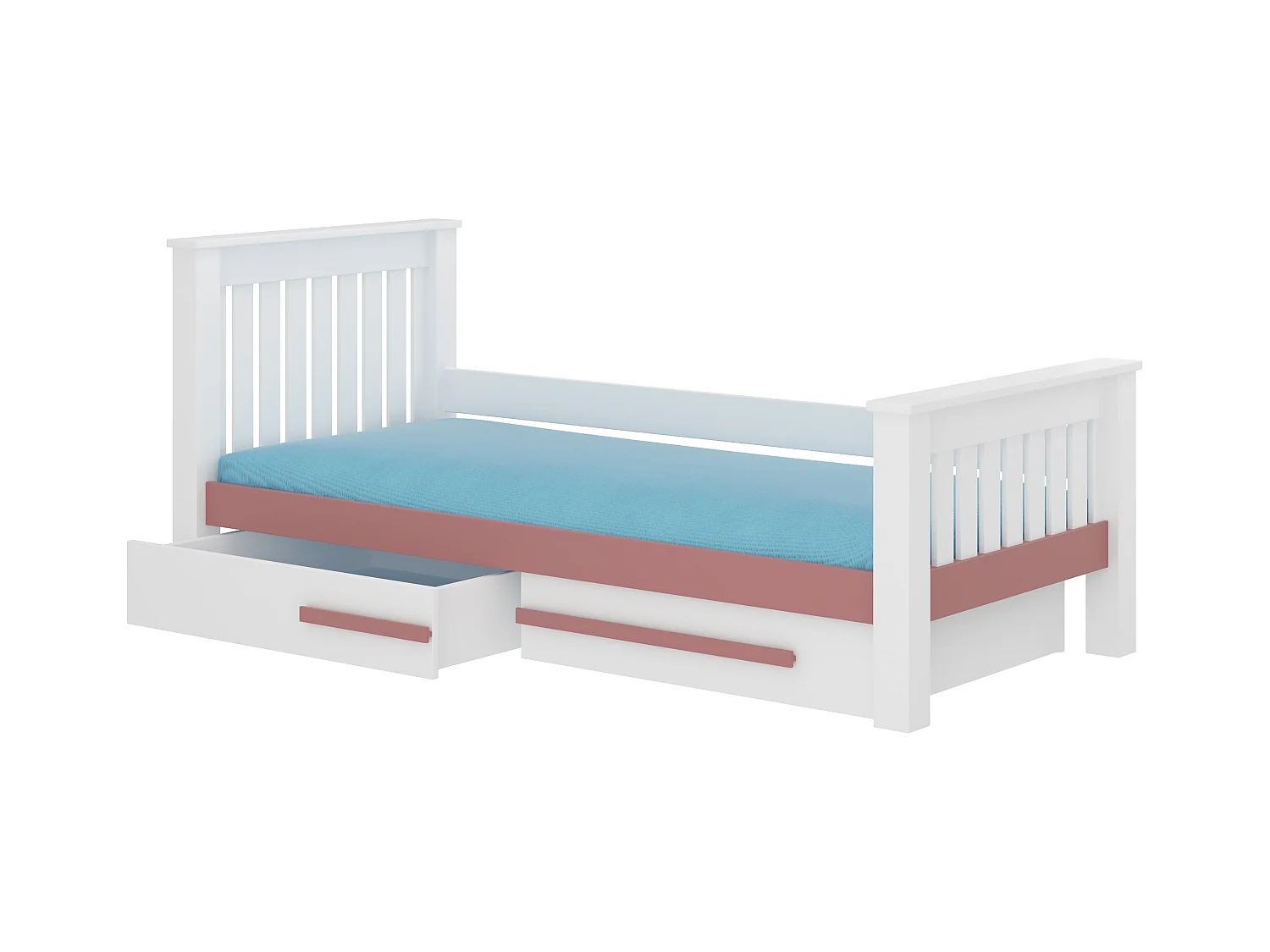 Lit enfant bois pin blanc et rose 90x200 avec 2 tiroirs de rangement Rallye