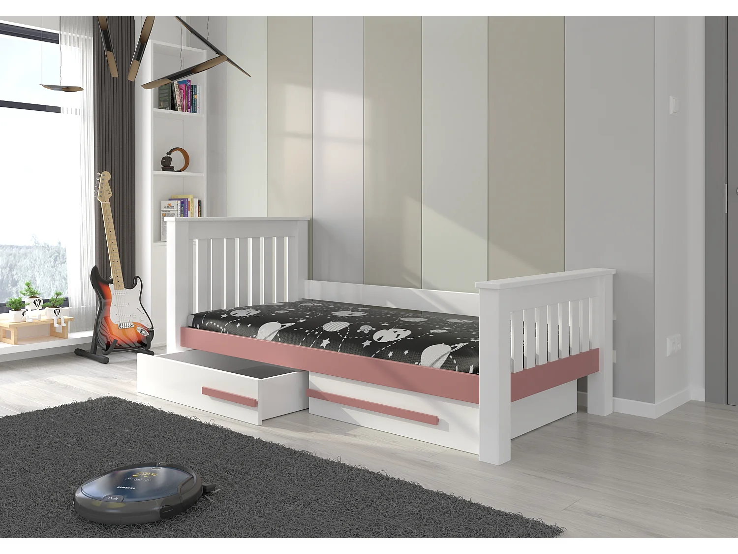Lit enfant bois pin blanc et rose 90x200 avec 2 tiroirs de rangement Rallye