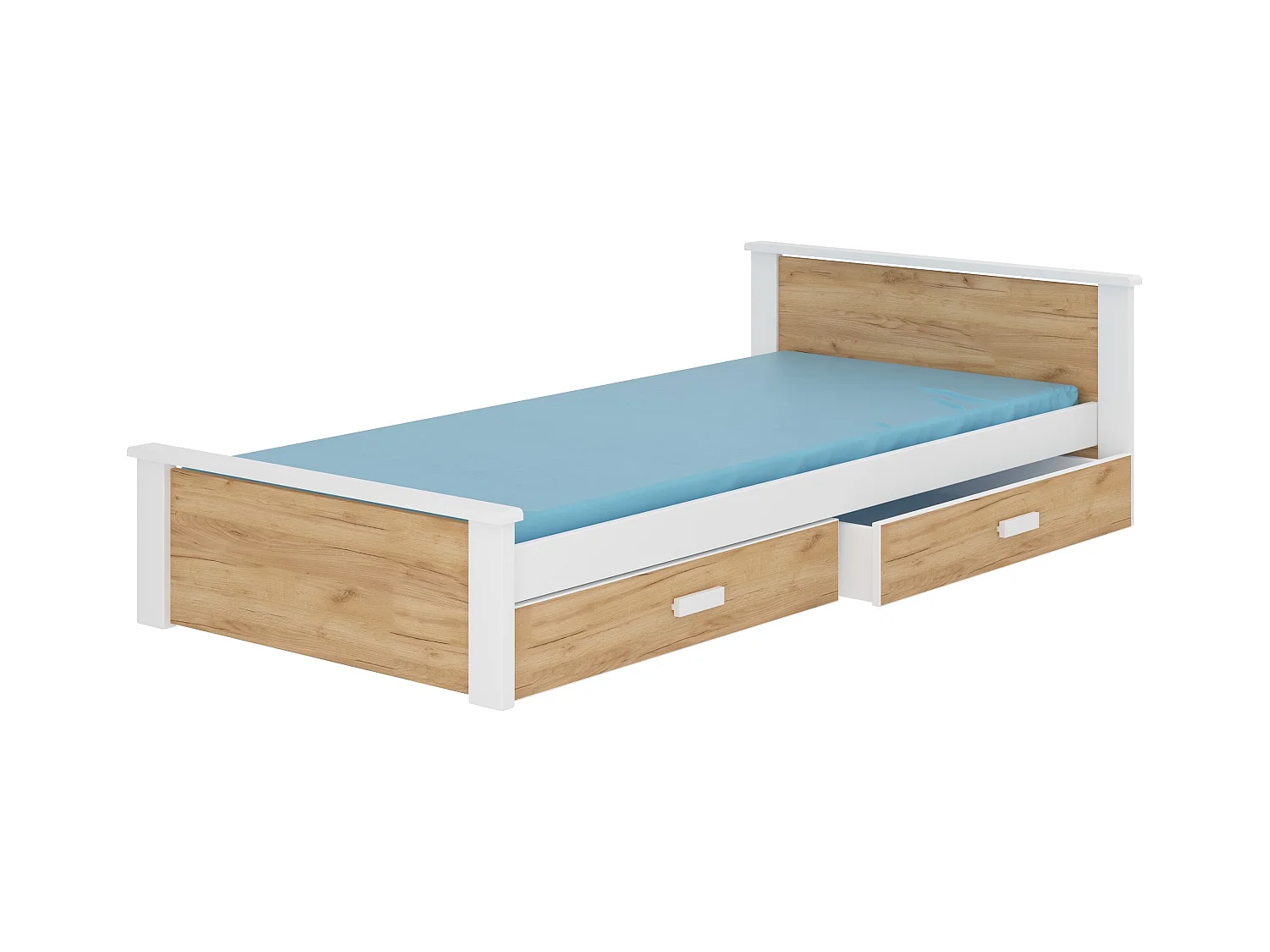 Lit enfant bois pin blanc et bois oak 90x200 avec 2 tiroirs de rangement Lydia