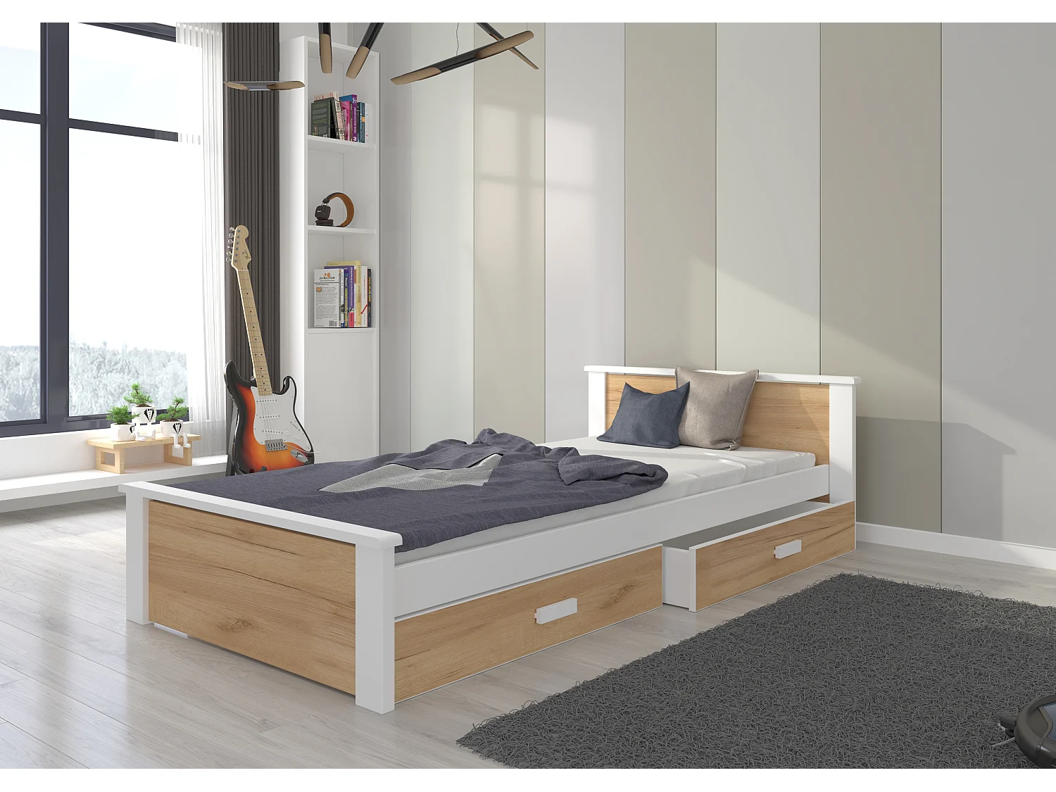 Lit enfant bois pin blanc et bois oak 90x200 avec 2 tiroirs de rangement Lydia