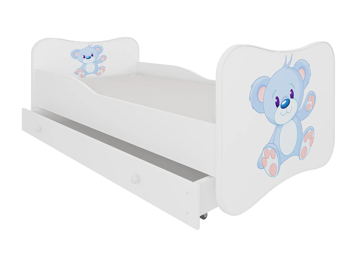Lit enfant bois blanc à tiroirs avec imprimé ourson bleu 70x140 ou 80x160 - Sommier et matelas inclus - Ondula-70x140