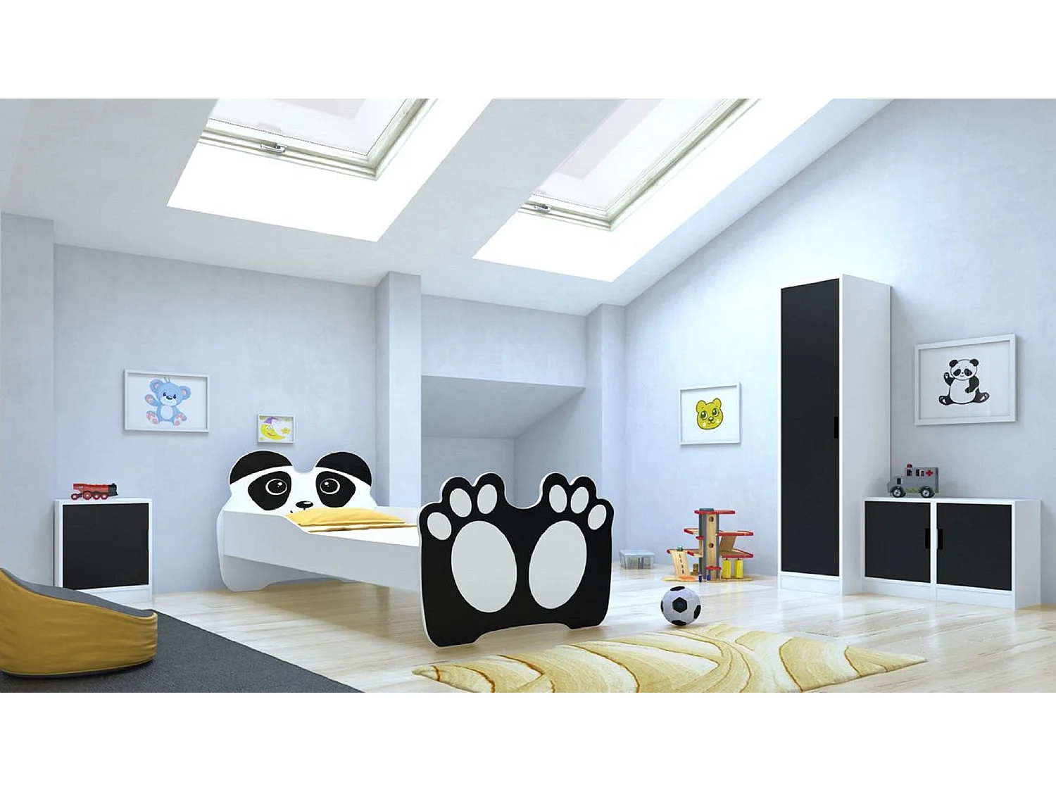 Lit enfant avec motif petit panda 70x140 ou 80x160 - Matelas inclus - Tiroir de rangement-80x160-Tiroirs Avec tiroir