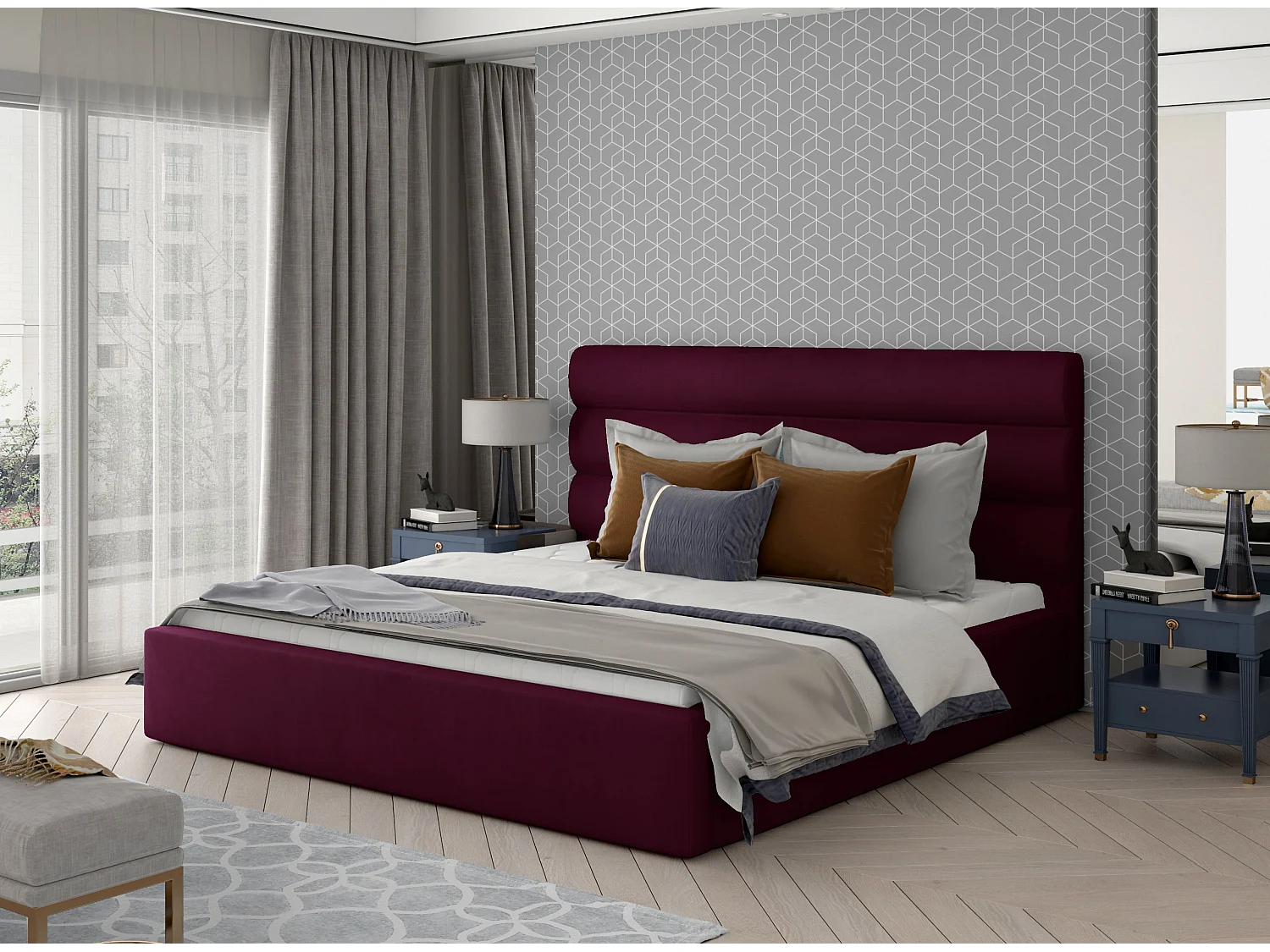 Lit design velours prune Klarina - 4 tailles-140x200