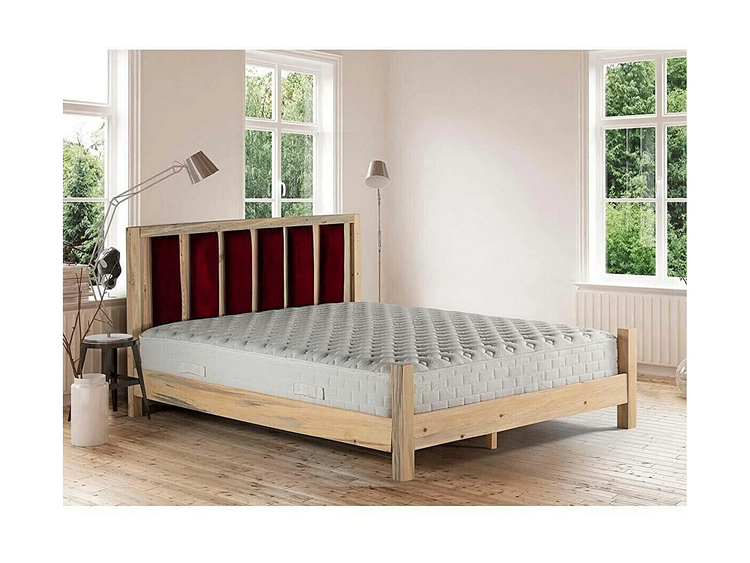 Lit simple Kiem 120x200cm Pin massif clair et Velours Bordeaux