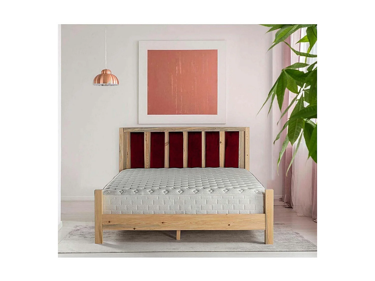 Lit simple Kiem 120x200cm Pin massif clair et Velours Bordeaux