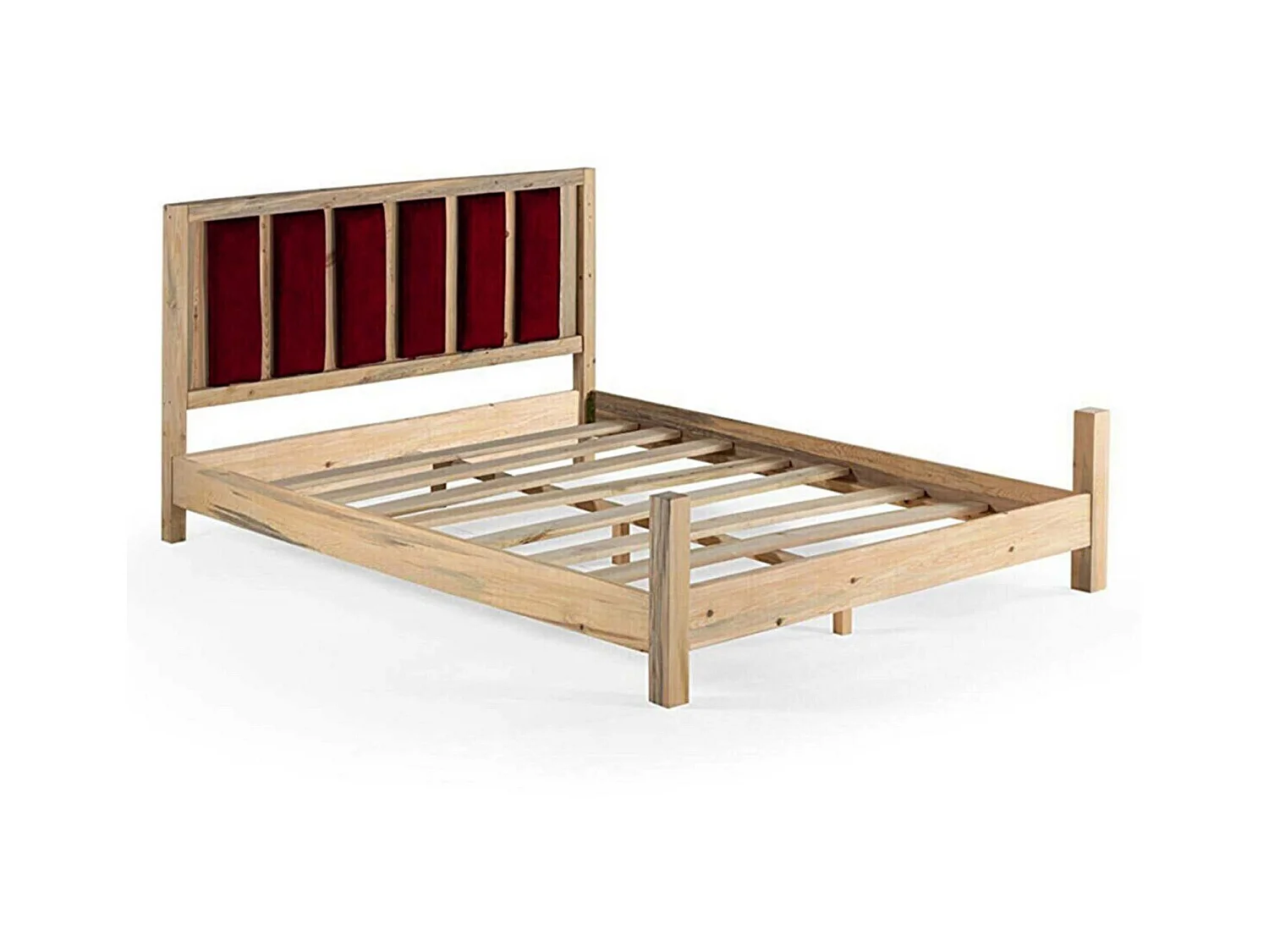 Lit simple Kiem 120x200cm Pin massif clair et Velours Bordeaux