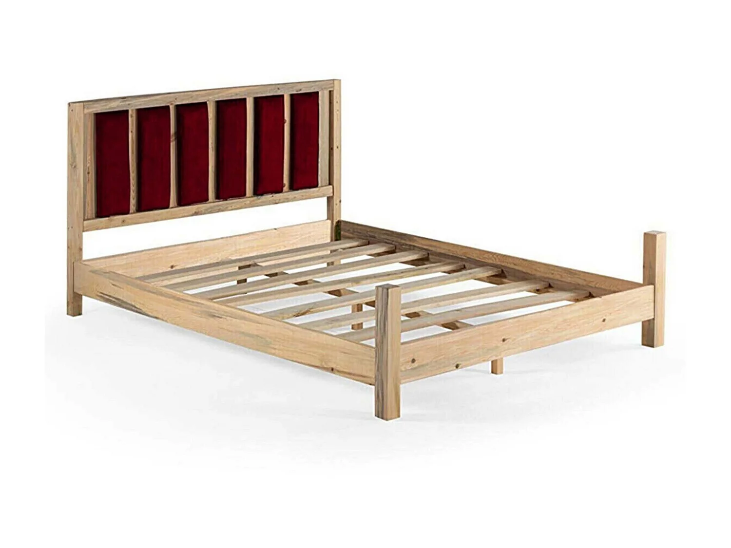 Lit simple Kiem 120x200cm Pin massif clair et Velours Bordeaux