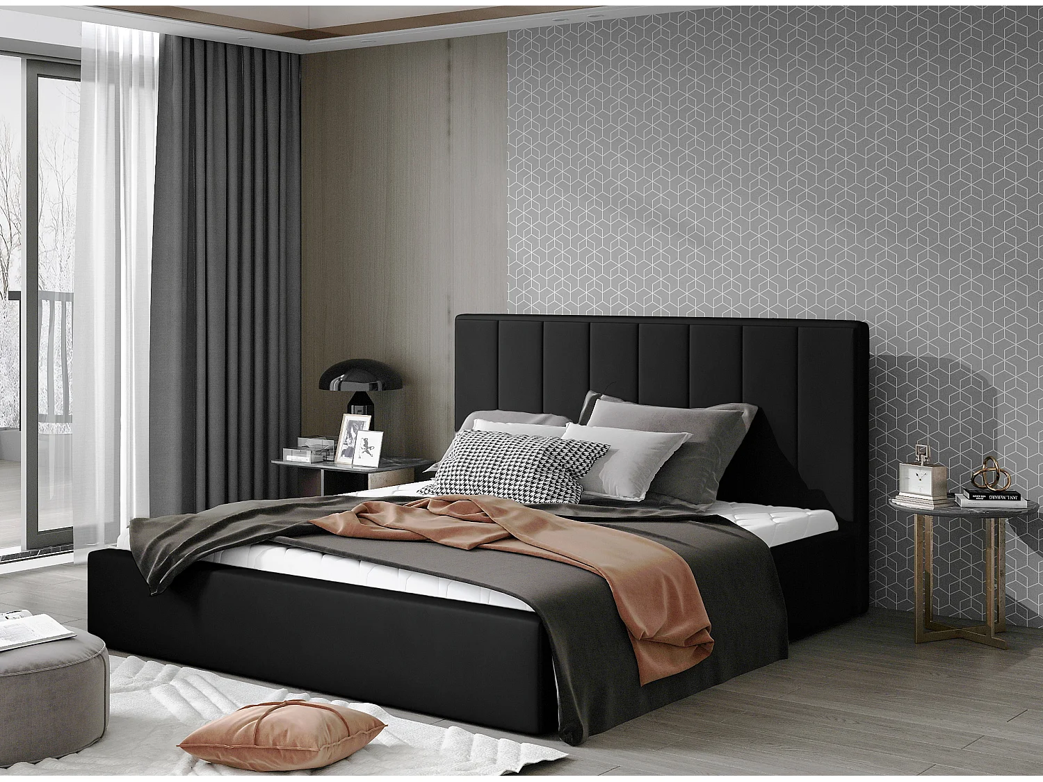 Lit adulte avec coffre de rangement Vareza – Simili cuir matelassé-Noir-160x200