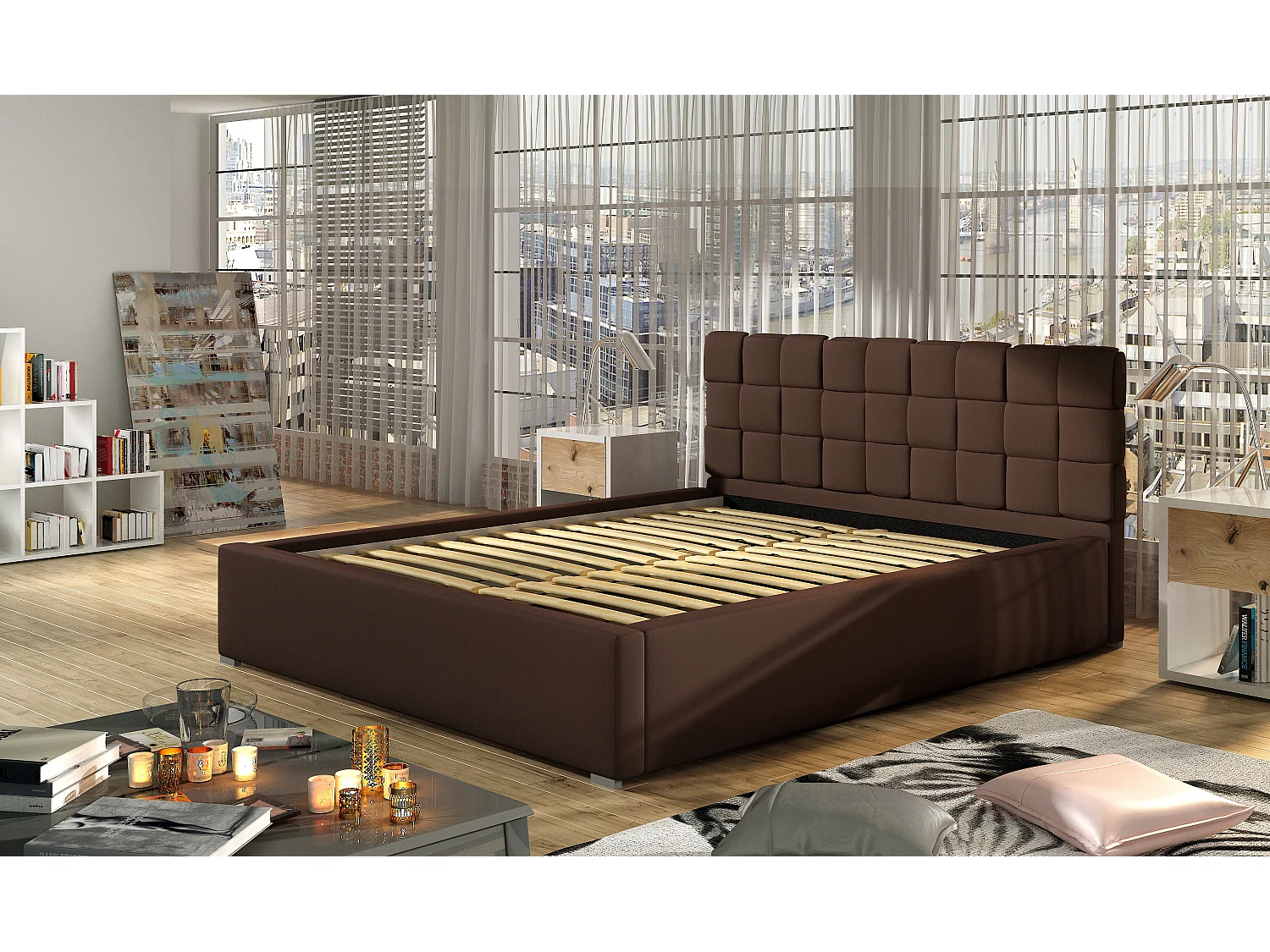 Lit moderne 180x200 capitonné simili cuir beige clair Kandy