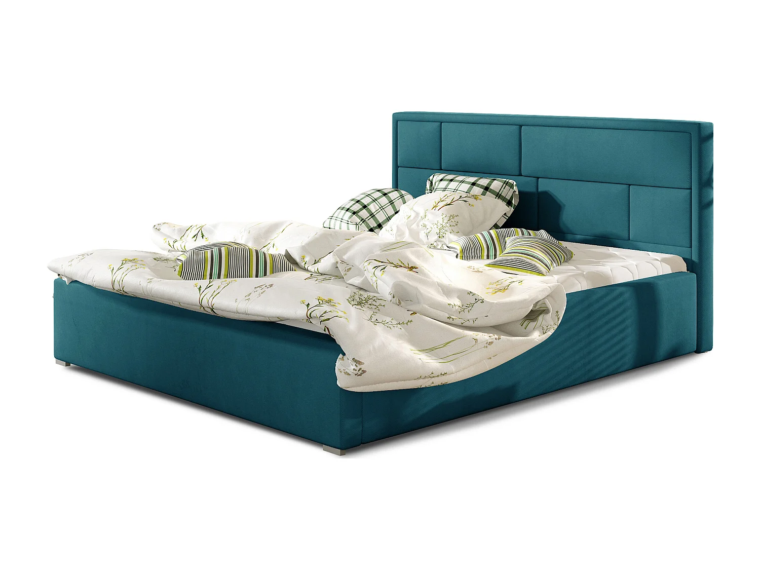 Lit double velours bleu canard tête de lit capitonnée Lenzo - 4 tailles-180x200