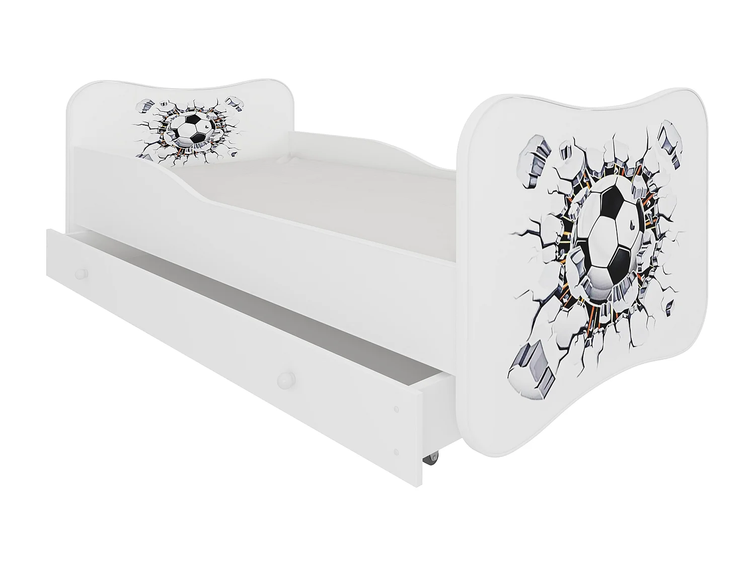 Lit enfant bois blanc à tiroirs avec imprimé ballon de football - Sommier et matelas inclus - Ondula-70x140