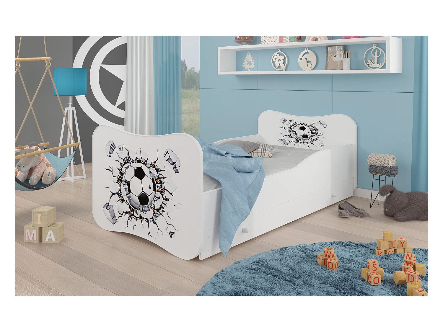 Lit enfant bois blanc à tiroirs avec imprimé ballon de football - Sommier et matelas inclus - Ondula-70x140