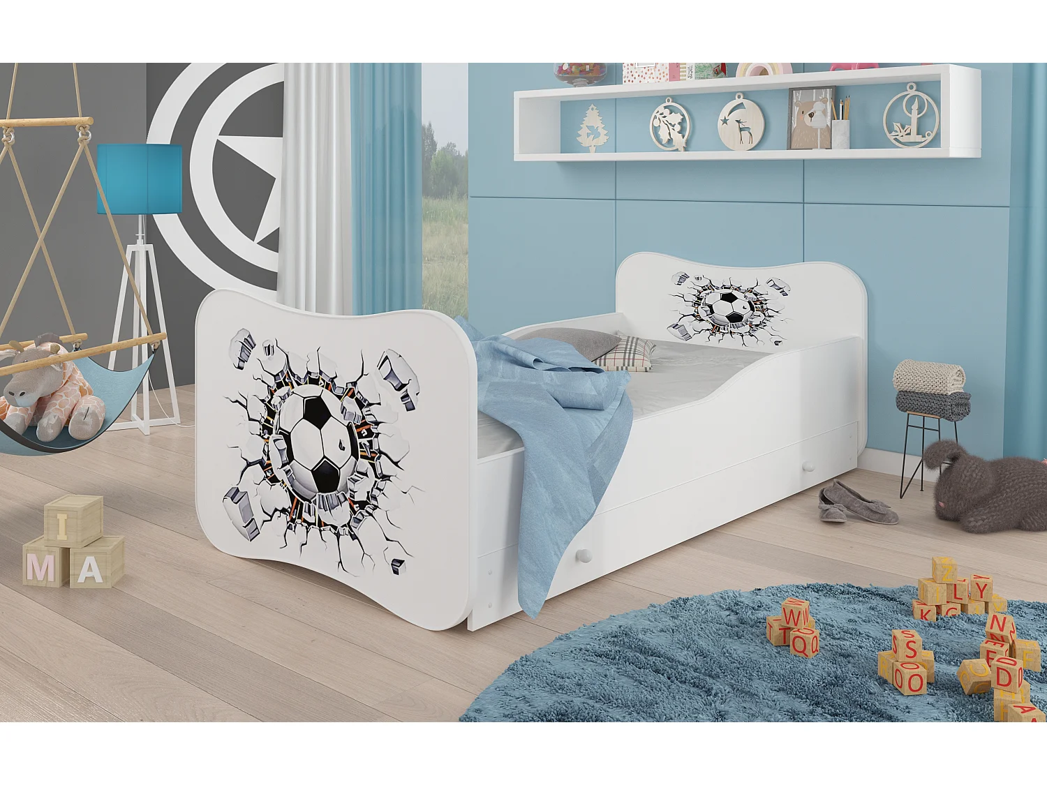 Lit enfant bois blanc à tiroirs avec imprimé ballon de football - Sommier et matelas inclus - Ondula-70x140