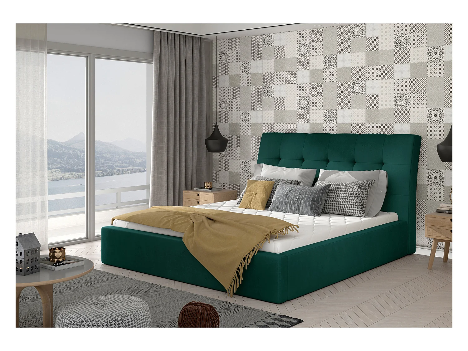 Lit double capitonné velours vert foncé Klein - 4 tailles-160x200